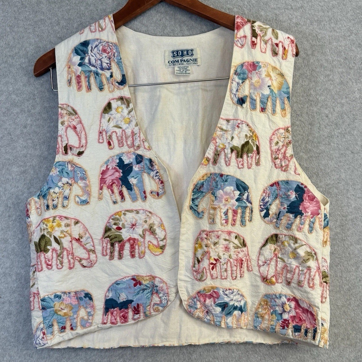 VTG Soho Compagnie Patchwork Elephant Vest India 100% Cotton Boho Folk Art M