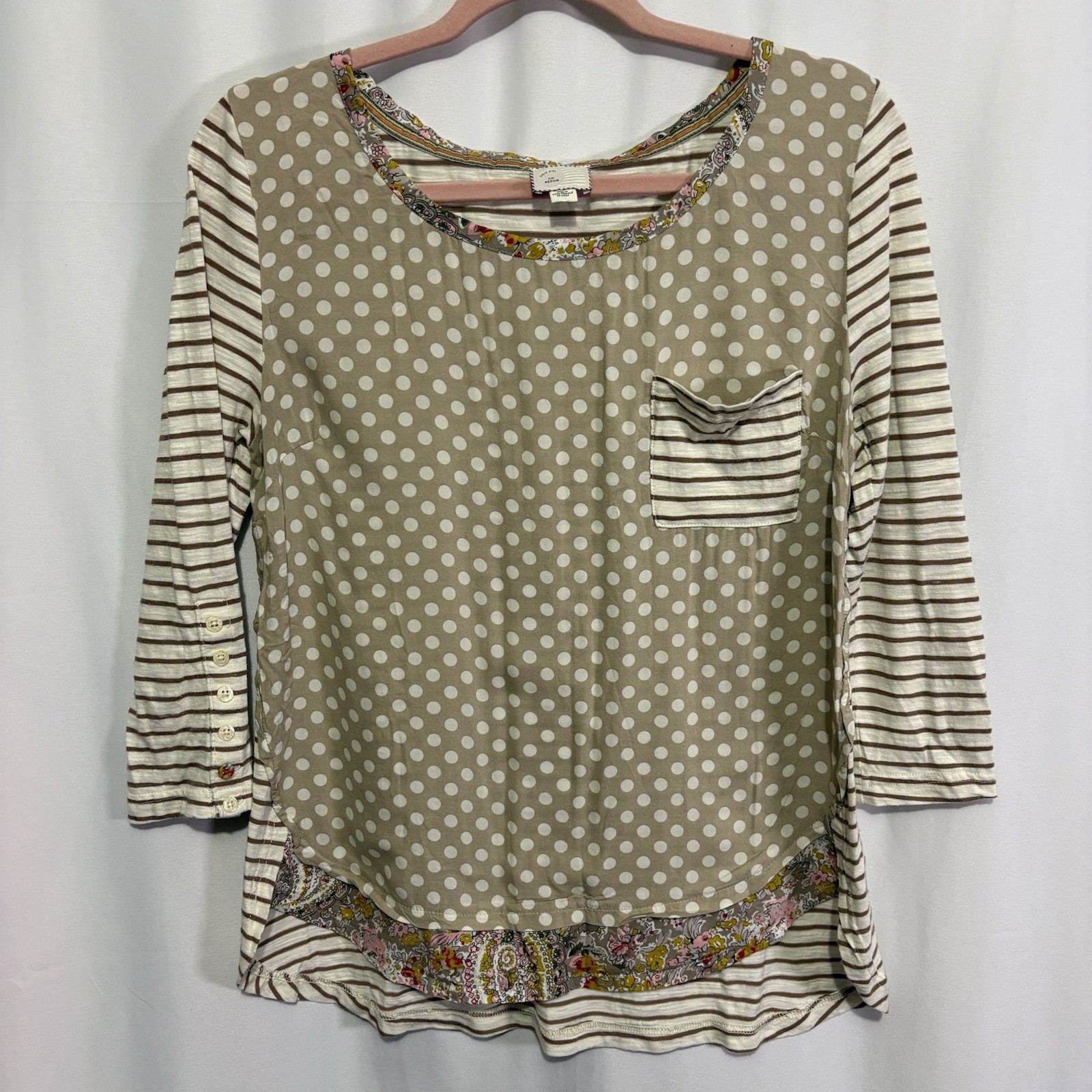 Postmark Anthropologie Mixed Print T-shirt Size M Beige Ivory Polka Dot Stripe Postmark Anthropologie Mixed Print T-shirt Size M Beige Ivory Polka Dot Stripe