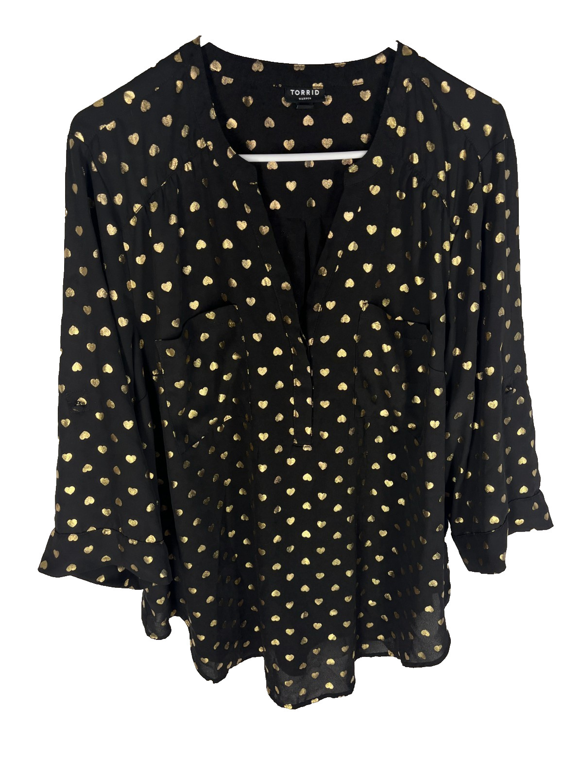 TORRID Harper Blouse Size 2X Black With Gold Hearts Pockets Flowy Top NEW TORRID Harper Blouse Size 2X Black With Gold Hearts Pockets Flowy Top NEW