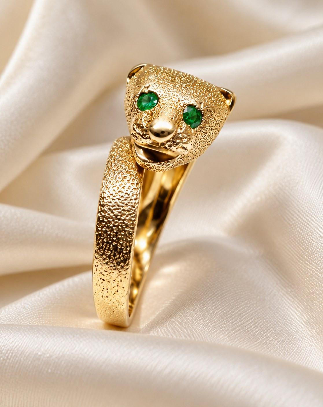 Vintage 14K Gold Sculpted Panther Leopard Wrap Ring Emerald Eyes Size 6