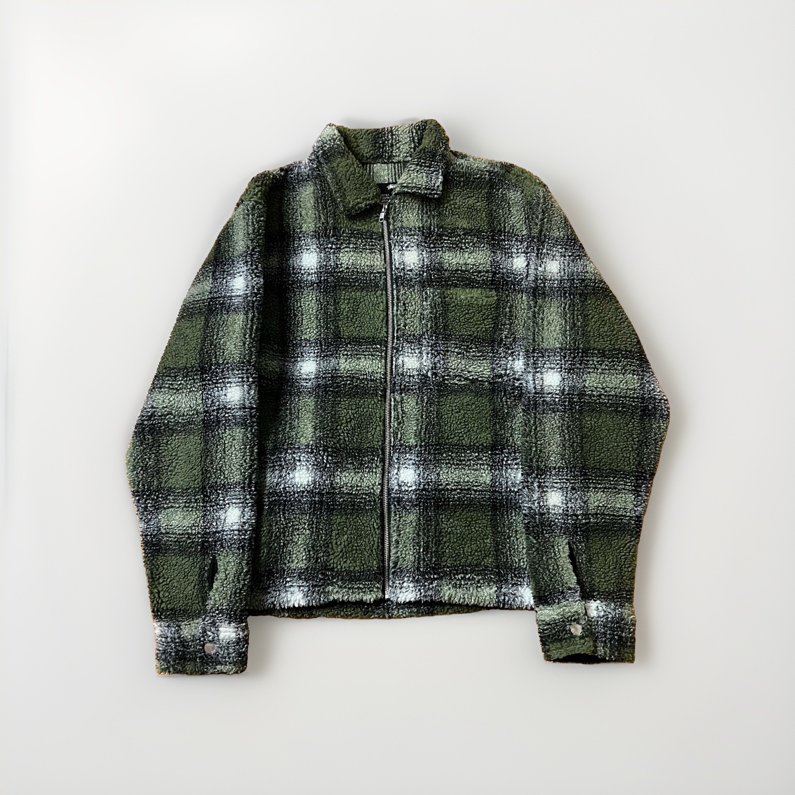 Stussy Green Check Plaid Pile Fleece Full Zip Sherpa Jacket Men\'s Size Medium