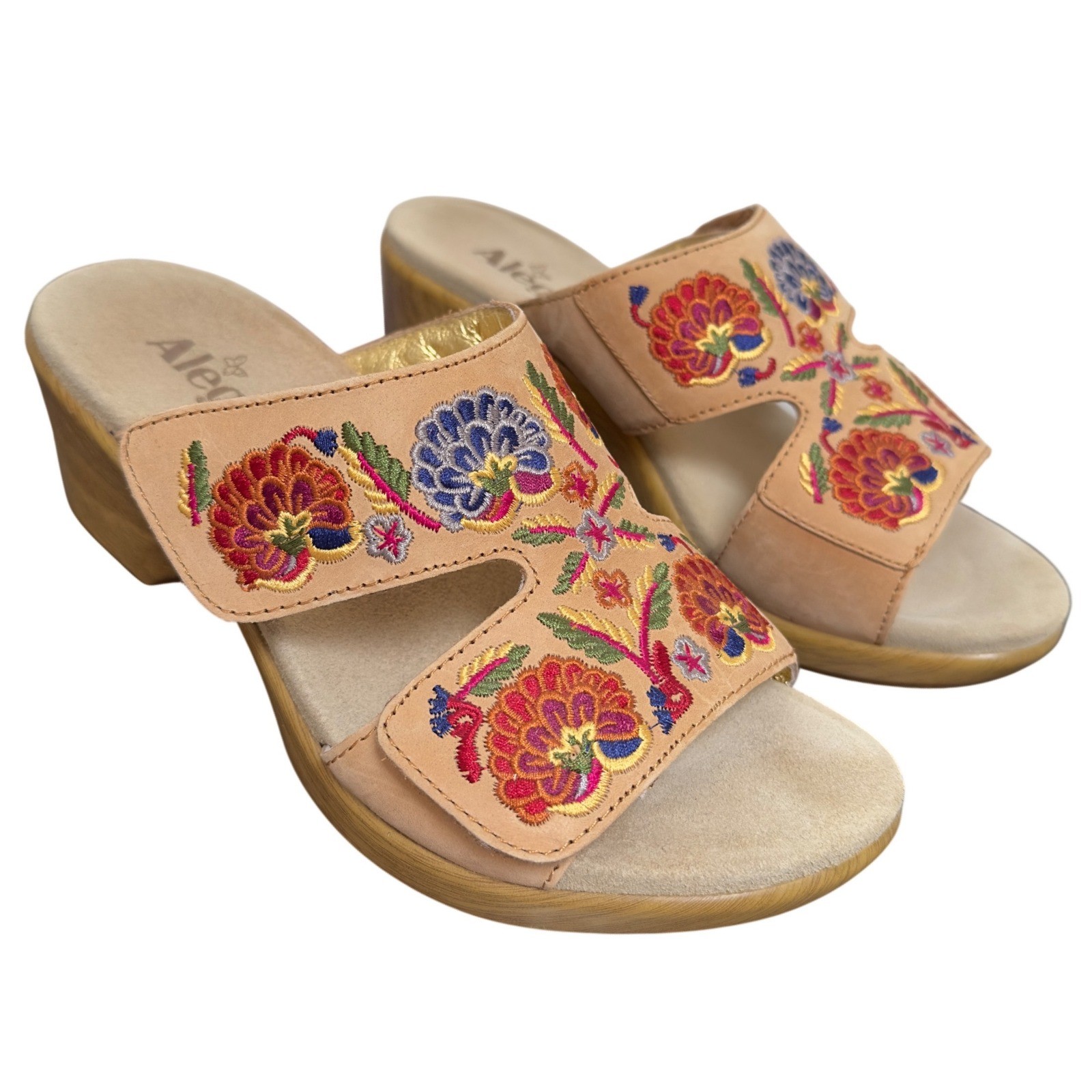 ALEGRIA Linn 39 Womens Size 9 Boho Heel Sandals Floral Embroidered Gypsy Slip On