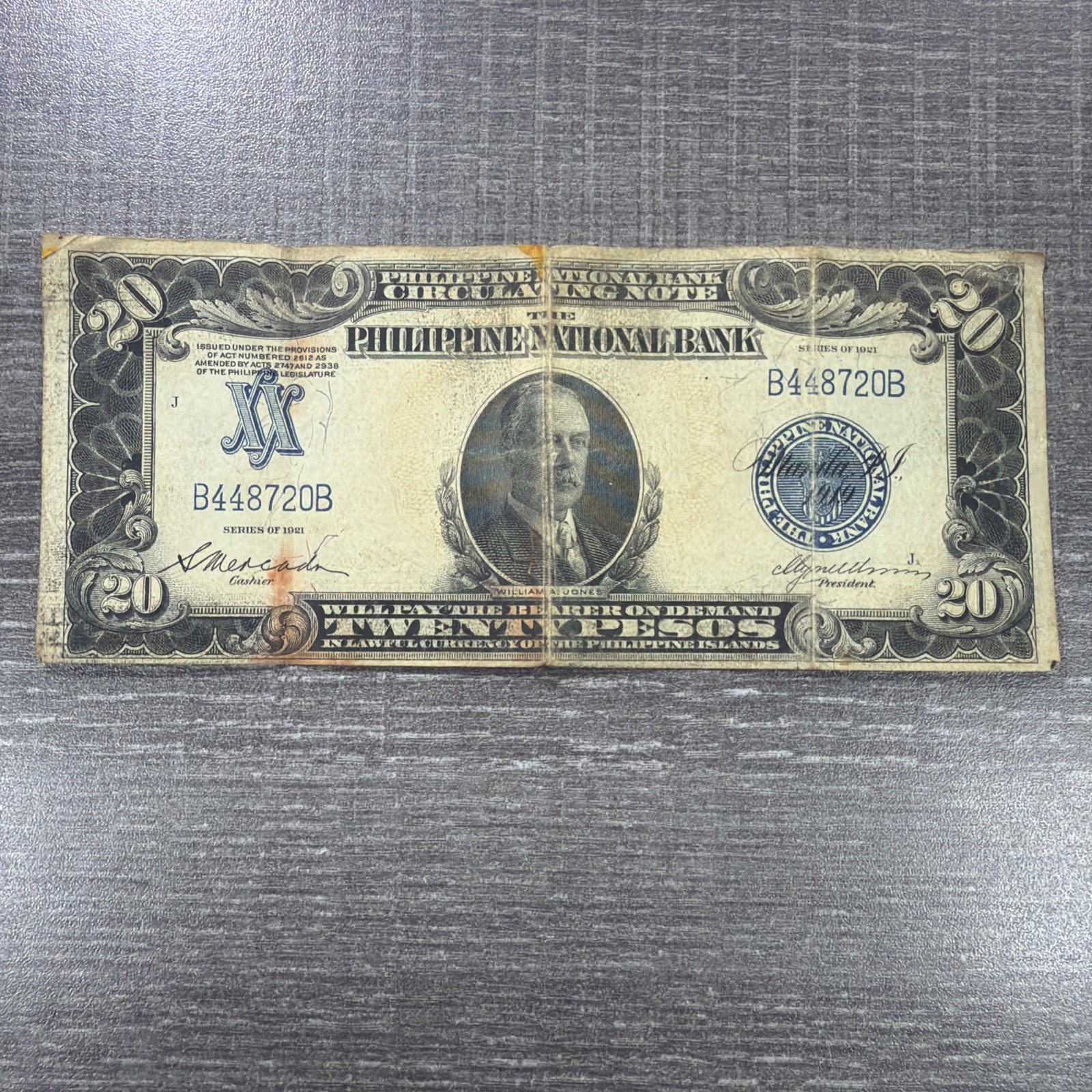 1921 PHILIPPINES NATIONAL BANK 20 PESO CONG. WILLIAM JONES VIGNET 1921 PHILIPPINES NATIONAL BANK 20 PESO CONG. WILLIAM JONES VIGNET