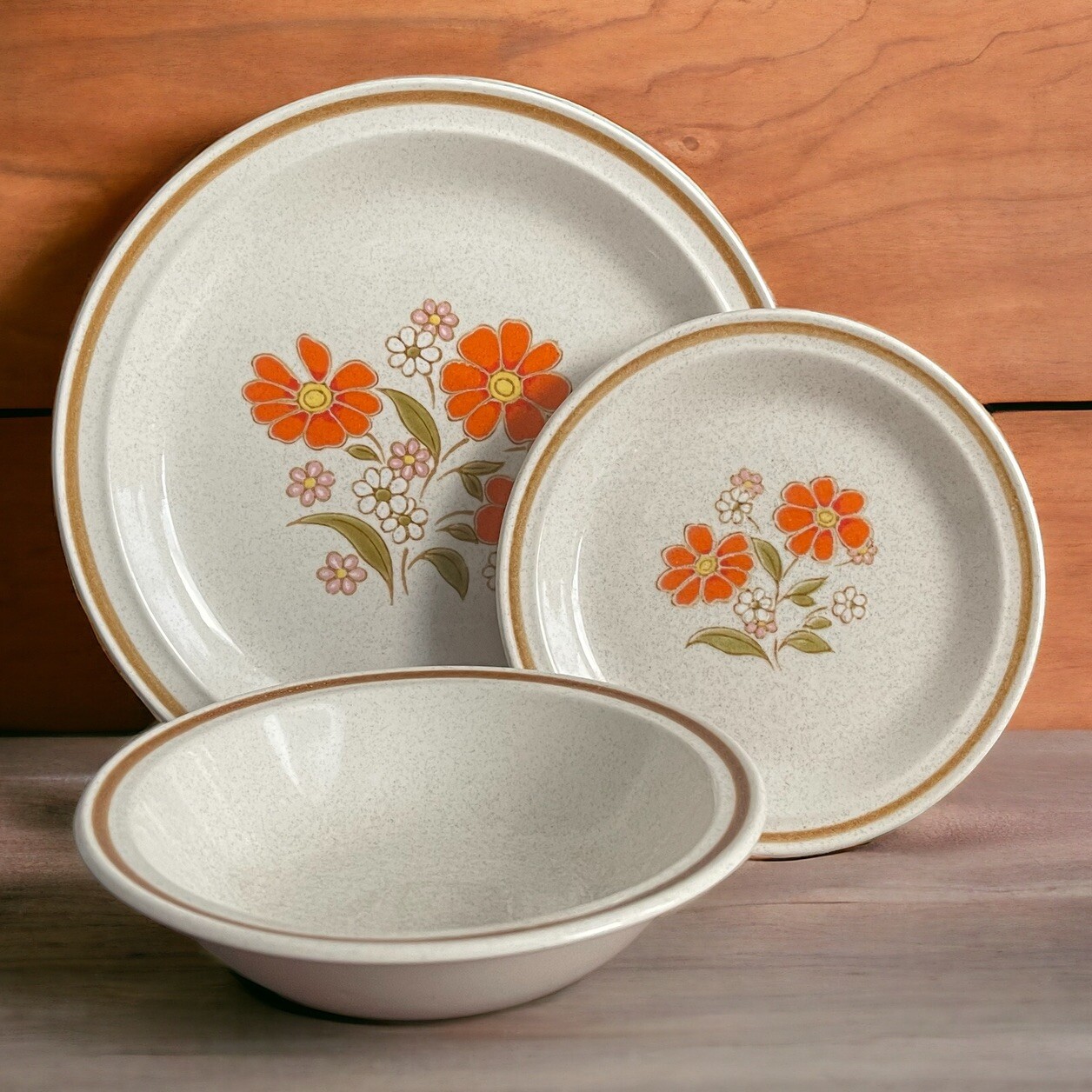 VTG Nikko 3 Pc Place Setting Colorstone Japan Stoneware Tangerine Orange Plate