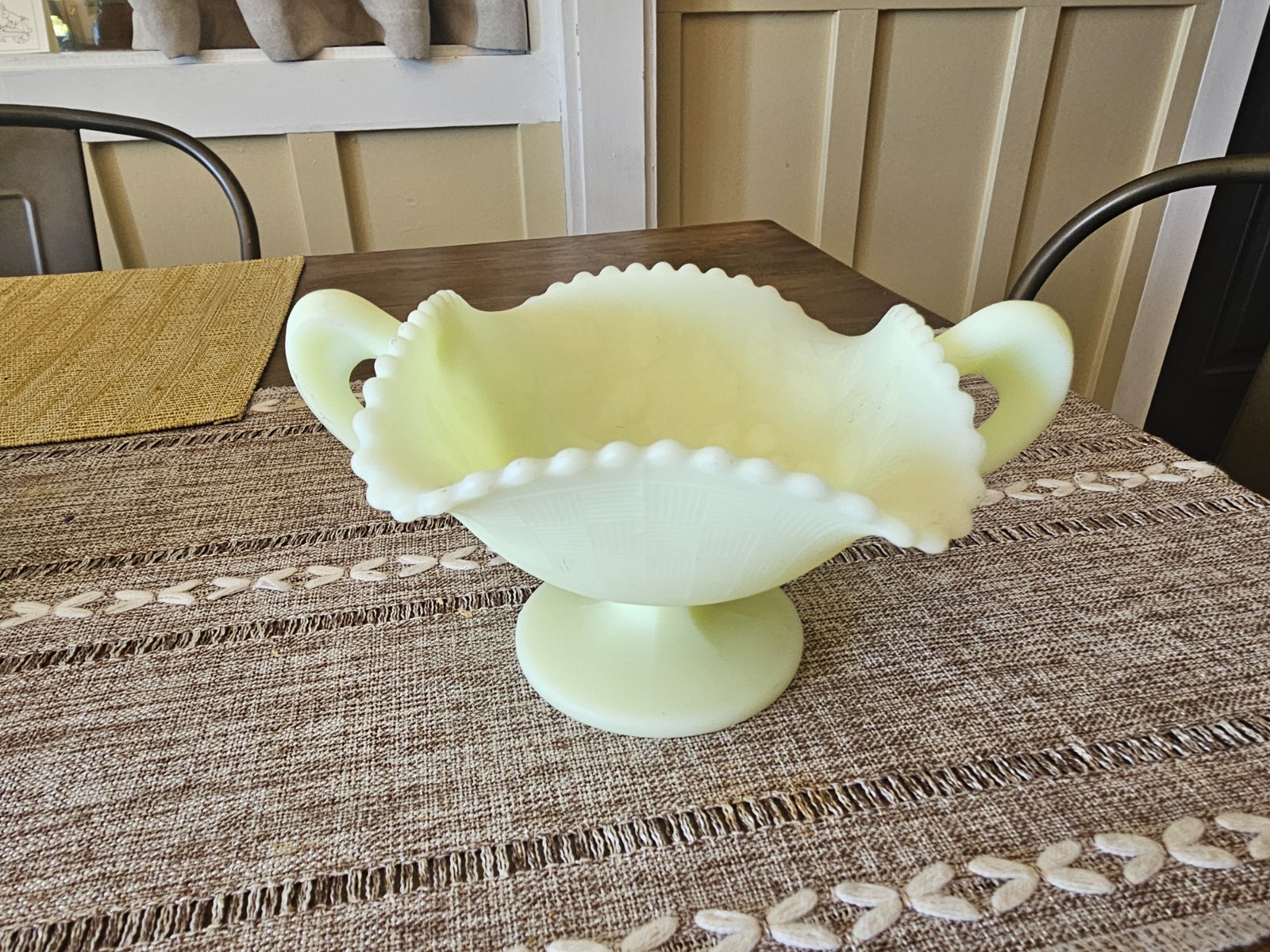 Vintage Fenton Custard Glass Handled Compote