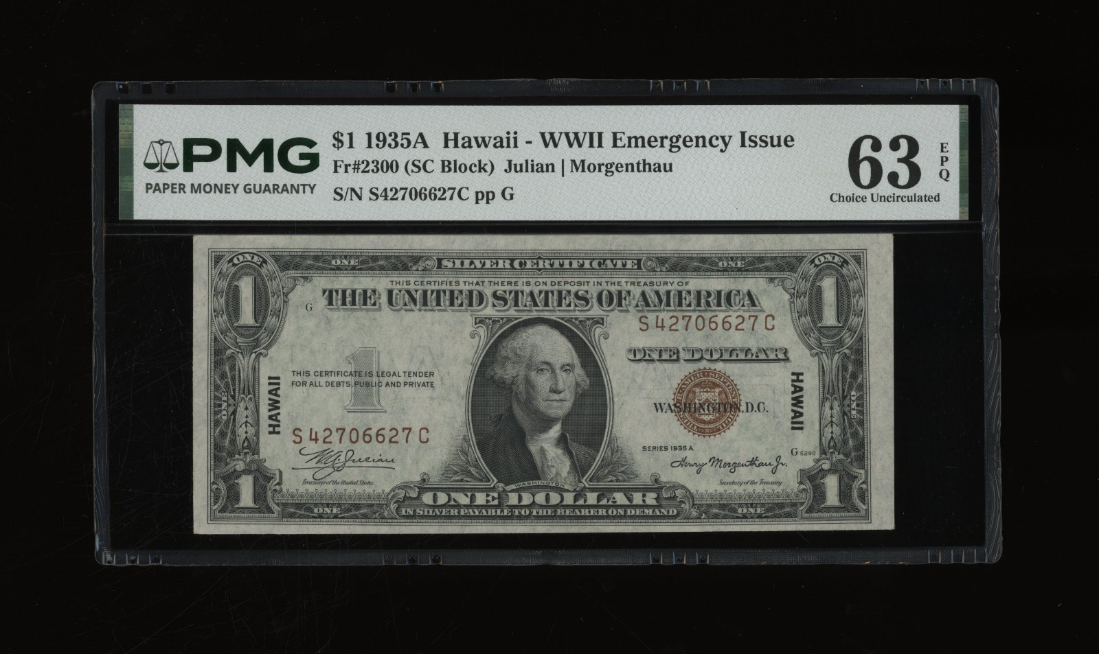 DBR 1935-A $1 Silver Hawaii SC Block Fr. 2300 PMG 63 EPQ Serial S42706627C