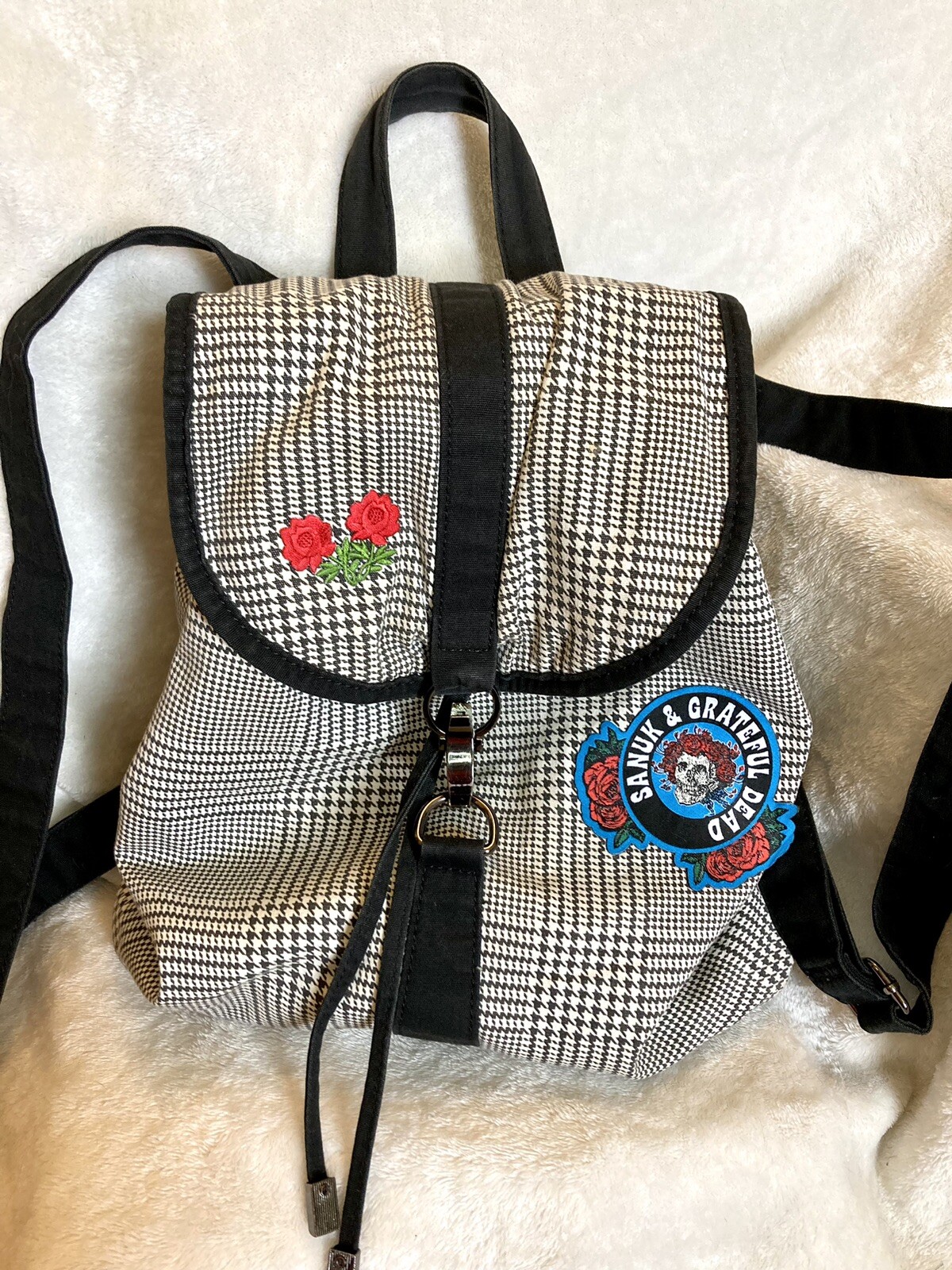 Rare Sanuk Grateful Dead LuLu Dharma Black White Plaid Canvas Backpack