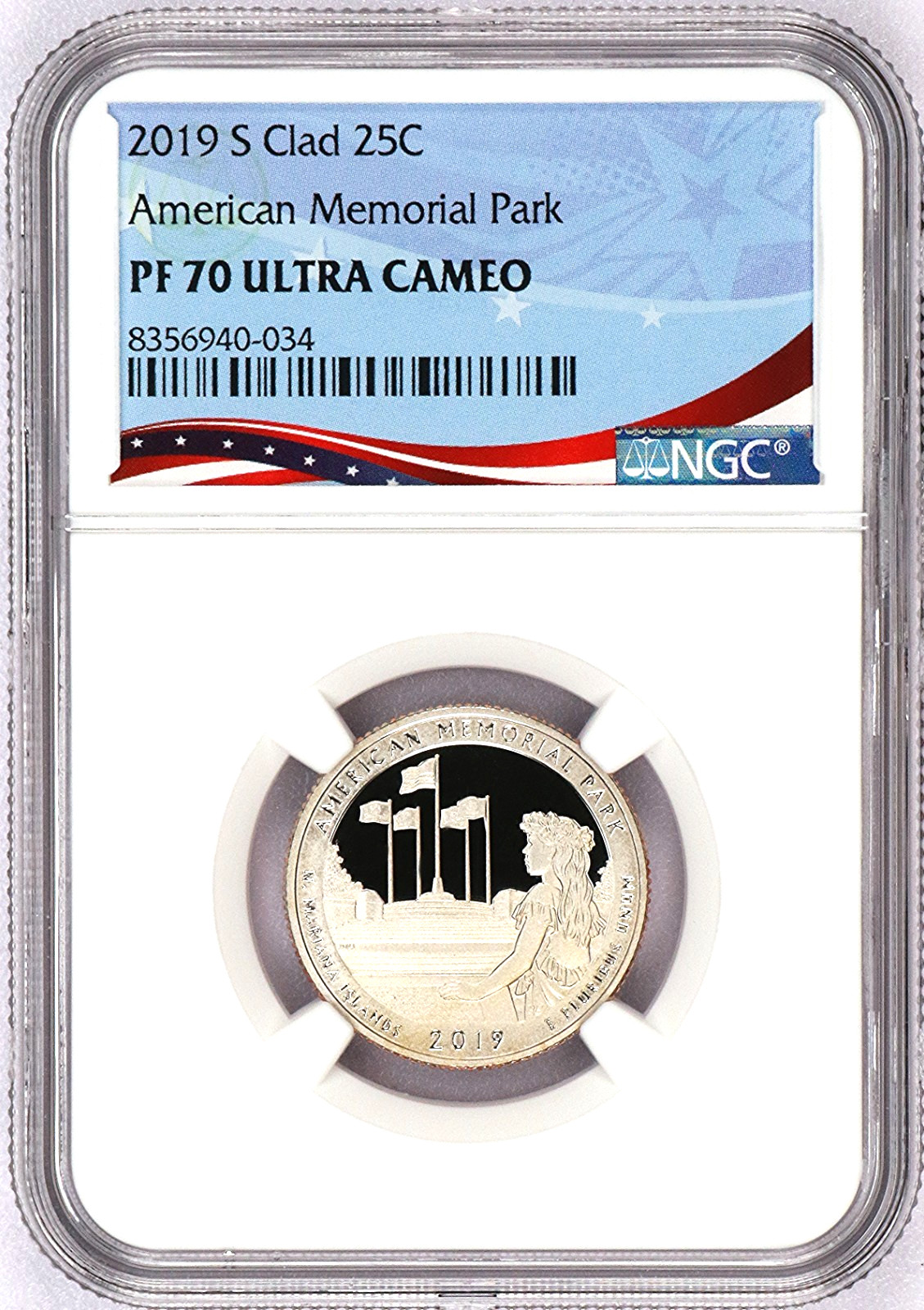 2019-S American Memorial Park ATB 25c NGC PF 70 Ultra Cameo ~ Patriotic Label