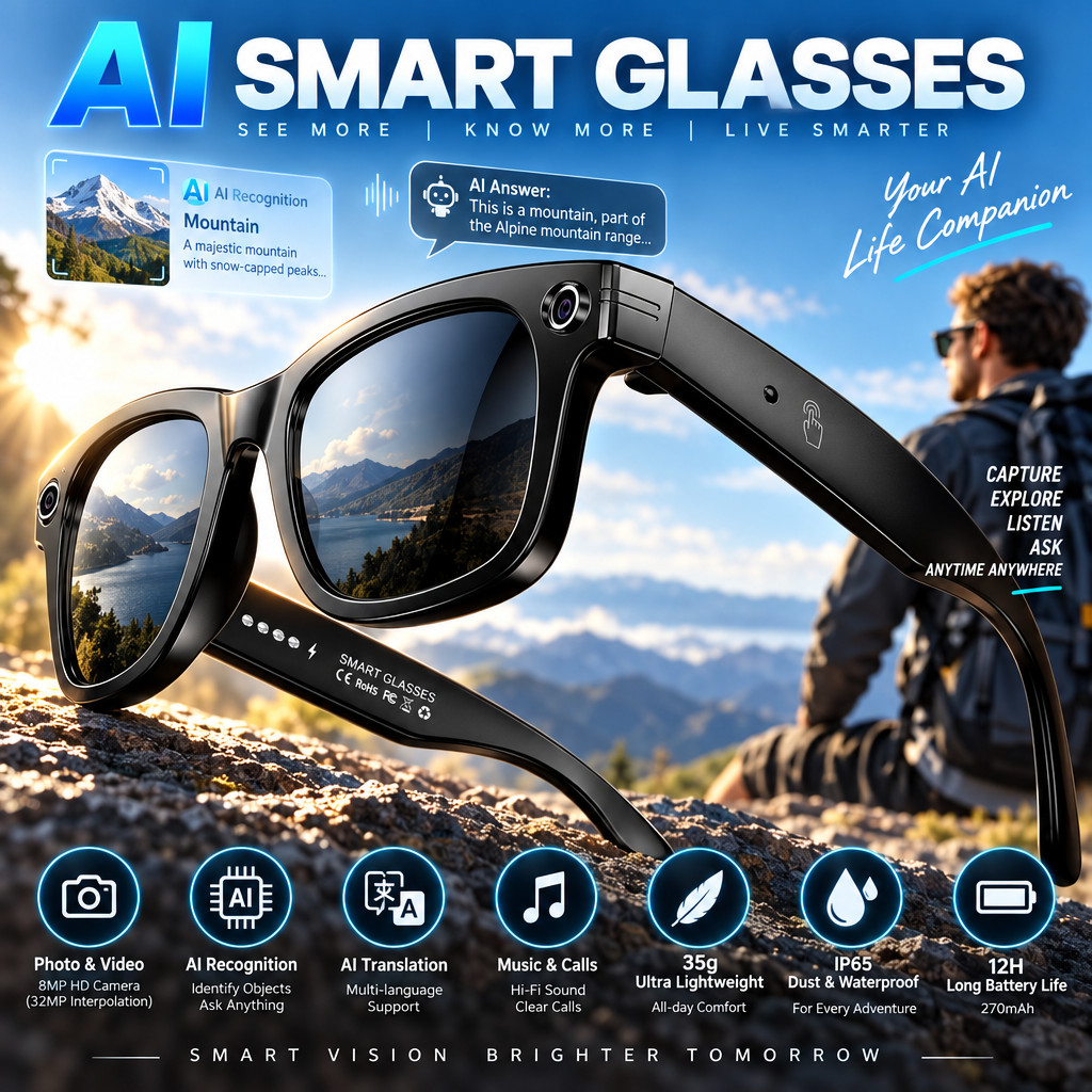 Lentes Inteligentes AI Camara HD 8MP Gafas de Sol Bluetooth Musica Video Fotos