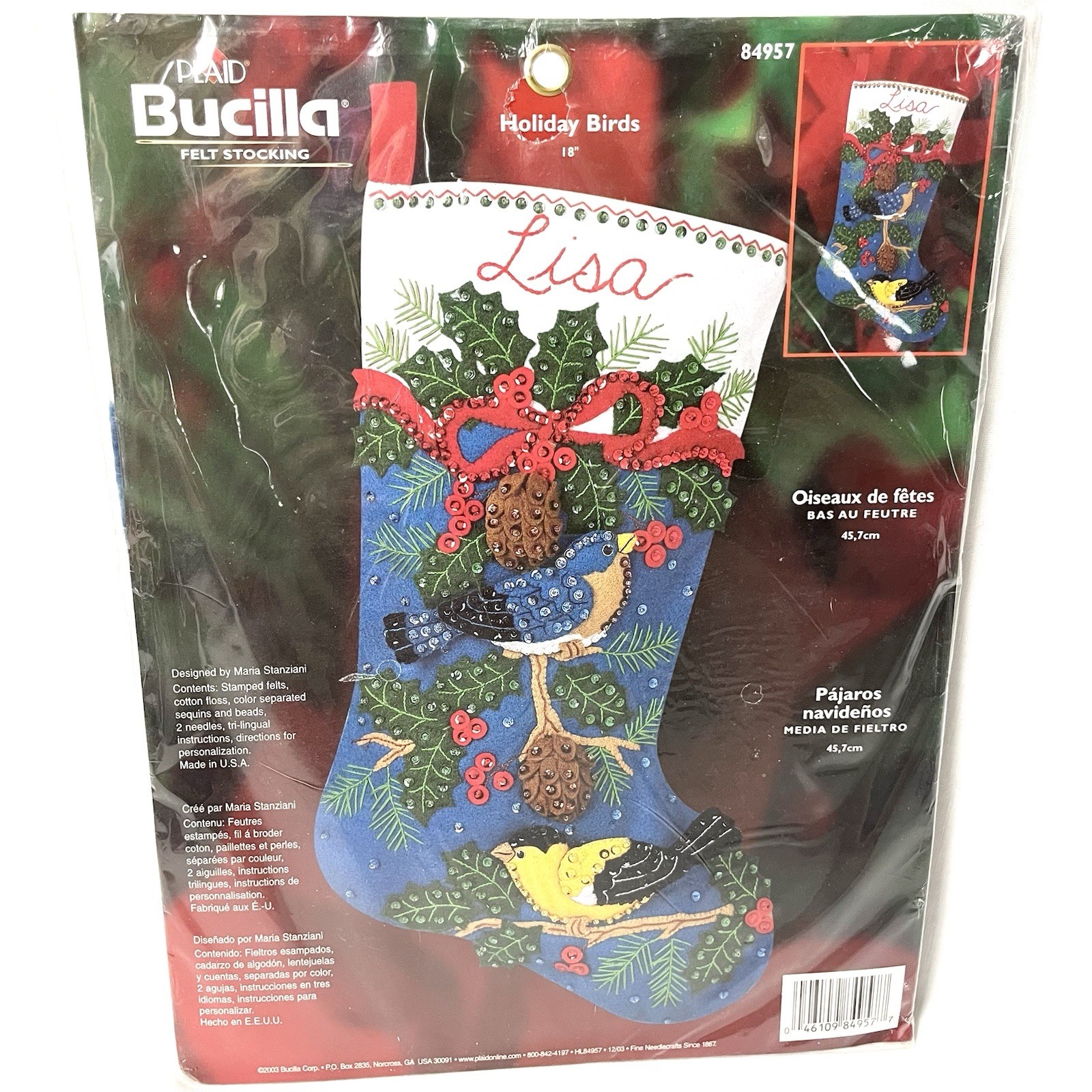 2003 Bucilla Holiday Birds Felt Applique Stocking Kit Christmas Craft 84957
