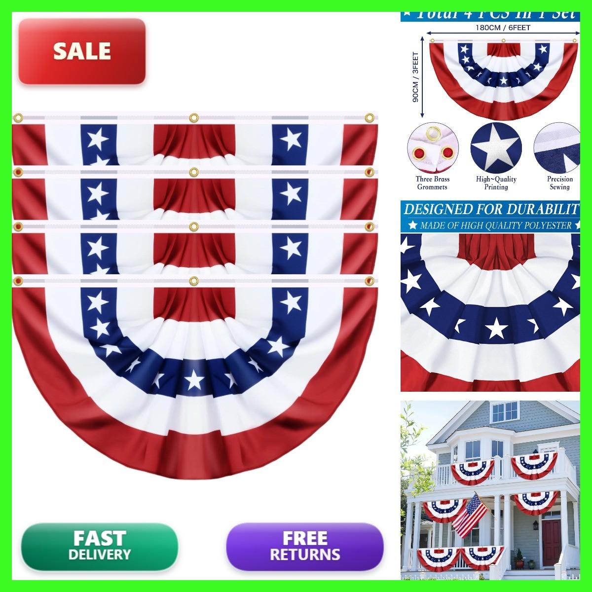 4 Pack Large Size 3 X 6 FT American Bunting Flag 4th of July Decorations, USA Pl