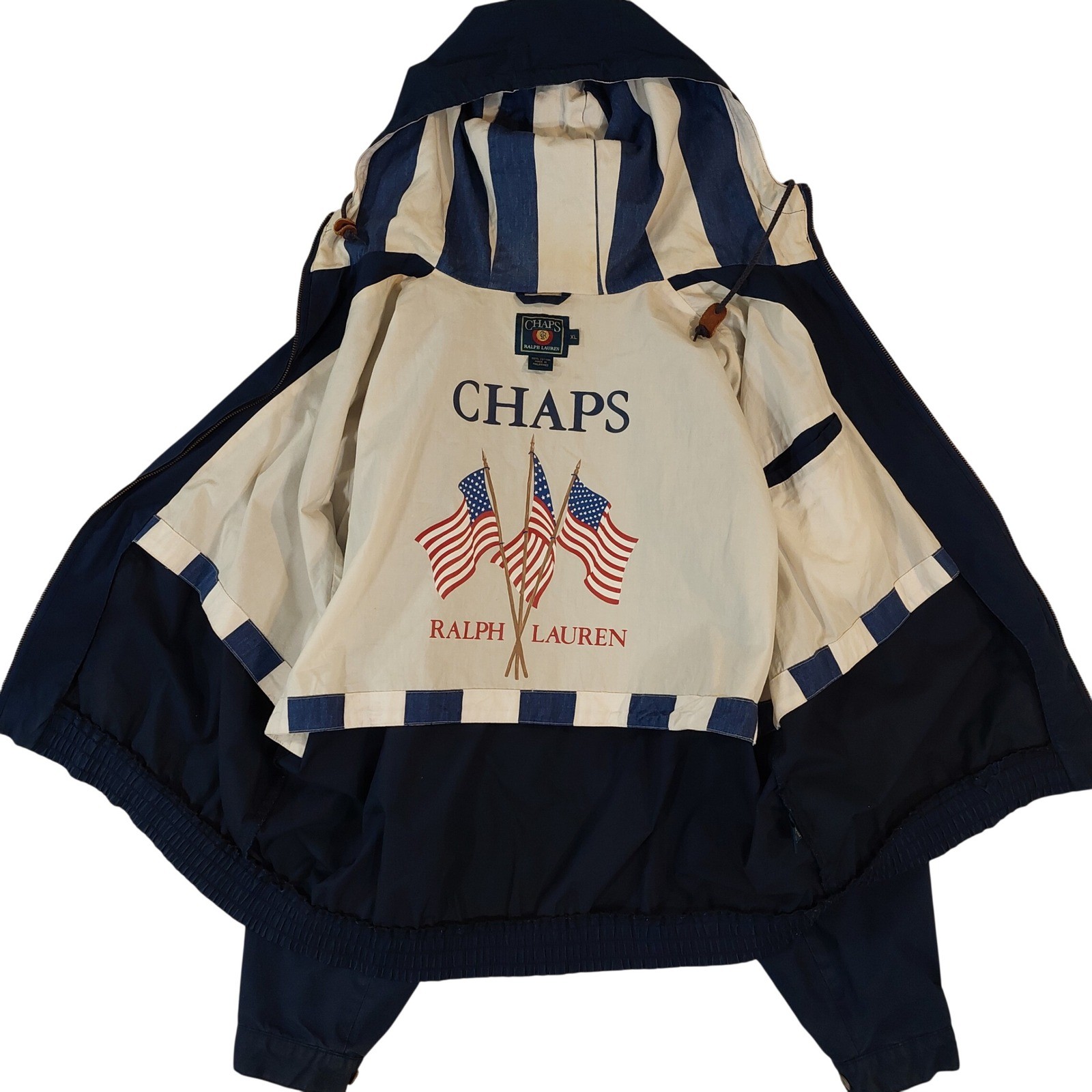 Vintage Chaps Ralph Lauren Windbreaker Jacket XL Navy Blue American Flag Hooded