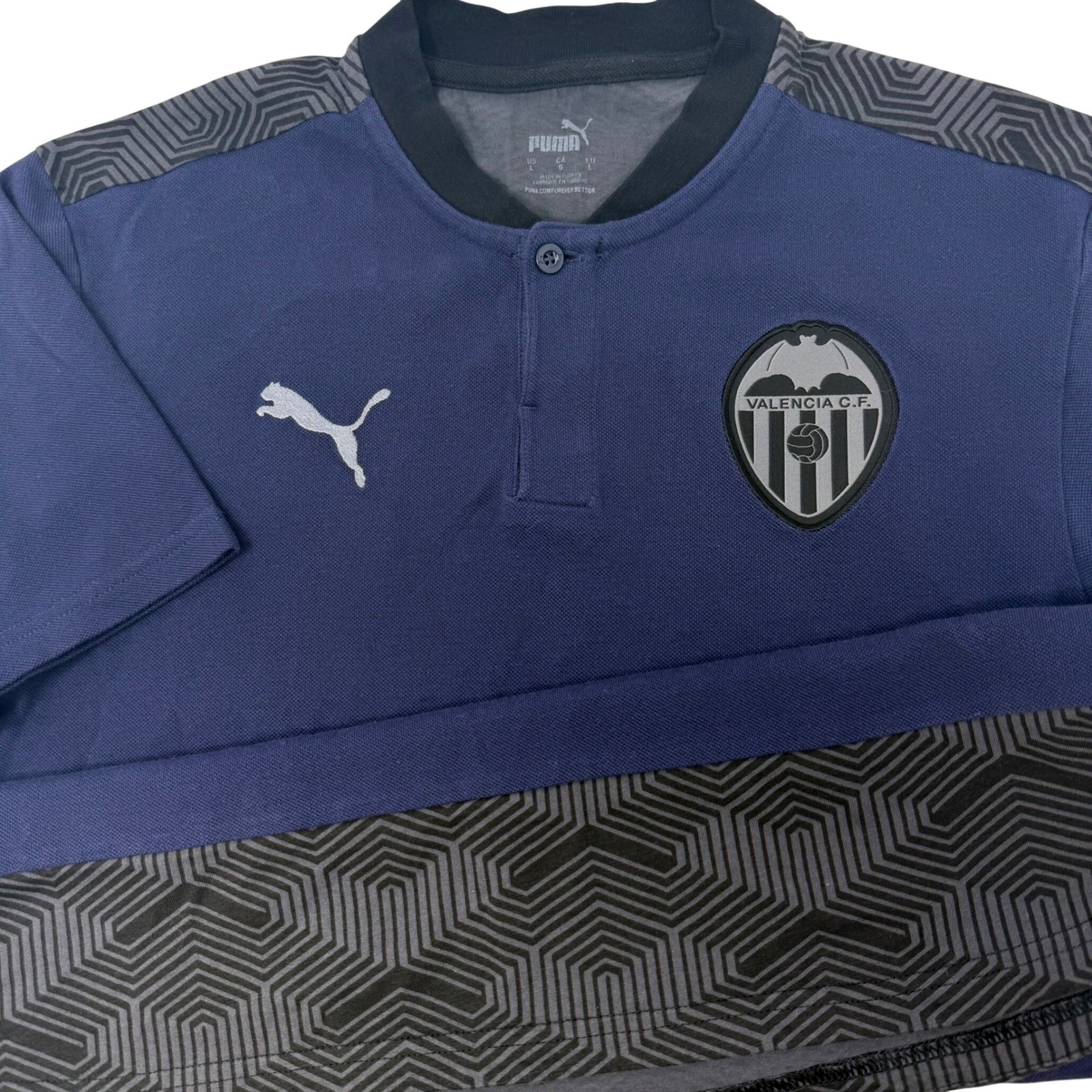 Puma Valencia CF Mens Large Navy Blue Geometric Soccer Henley Polo Shirt
