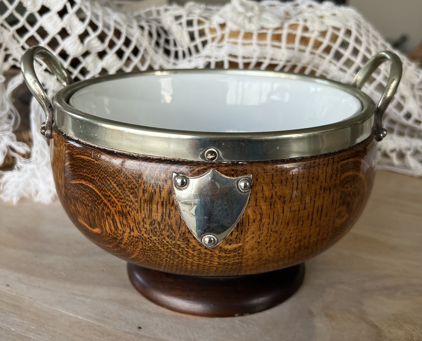 Antique Victorian Oak & Silver Plate Trophy Bowl C1900 - Original Ceramic Liner