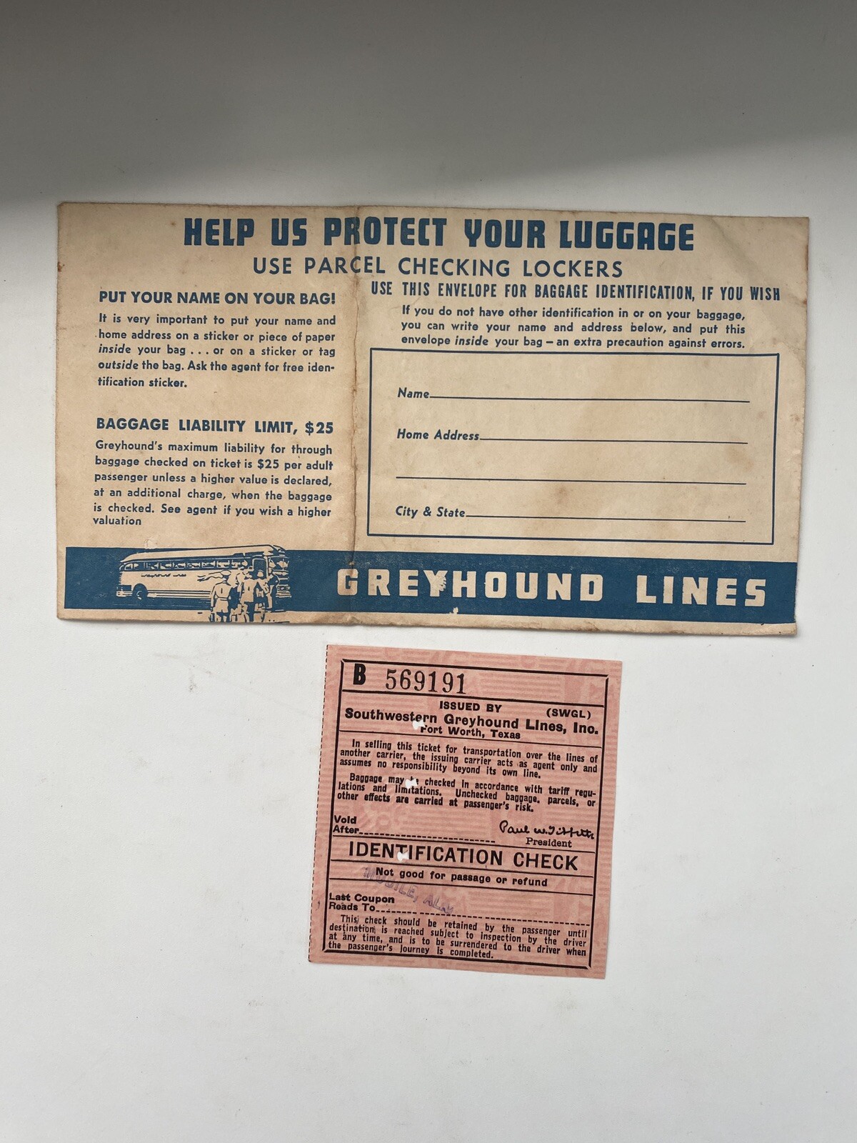 Mobile Alabama  Vintage Greyhound Bus Lines Baggage Envelope  Ephemera
