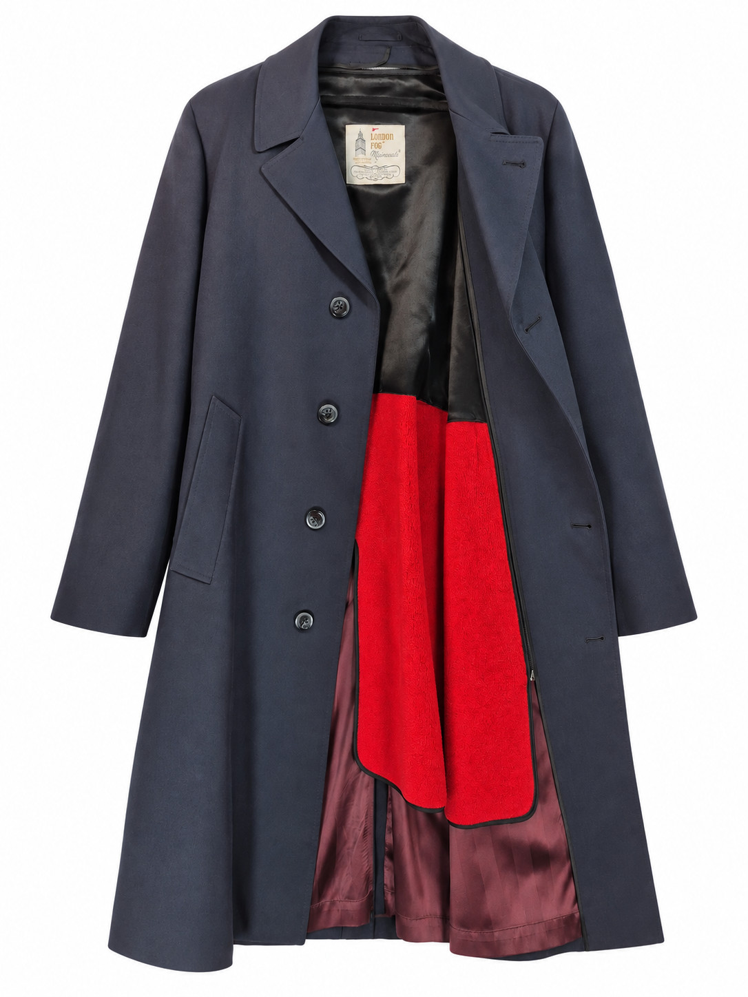 Vintage London Fog Maincoats 46R Long Coat Dark Navy Red Liner USA Union Made