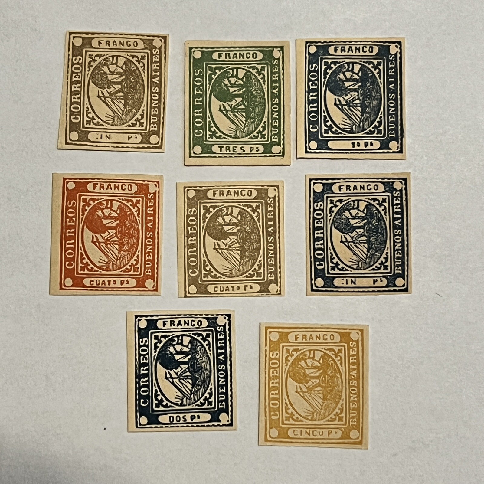  1858-1859 BUENOS AIRES ARGENTINA MH STAMP LOT OF 8, LIKELY FORGERIES 