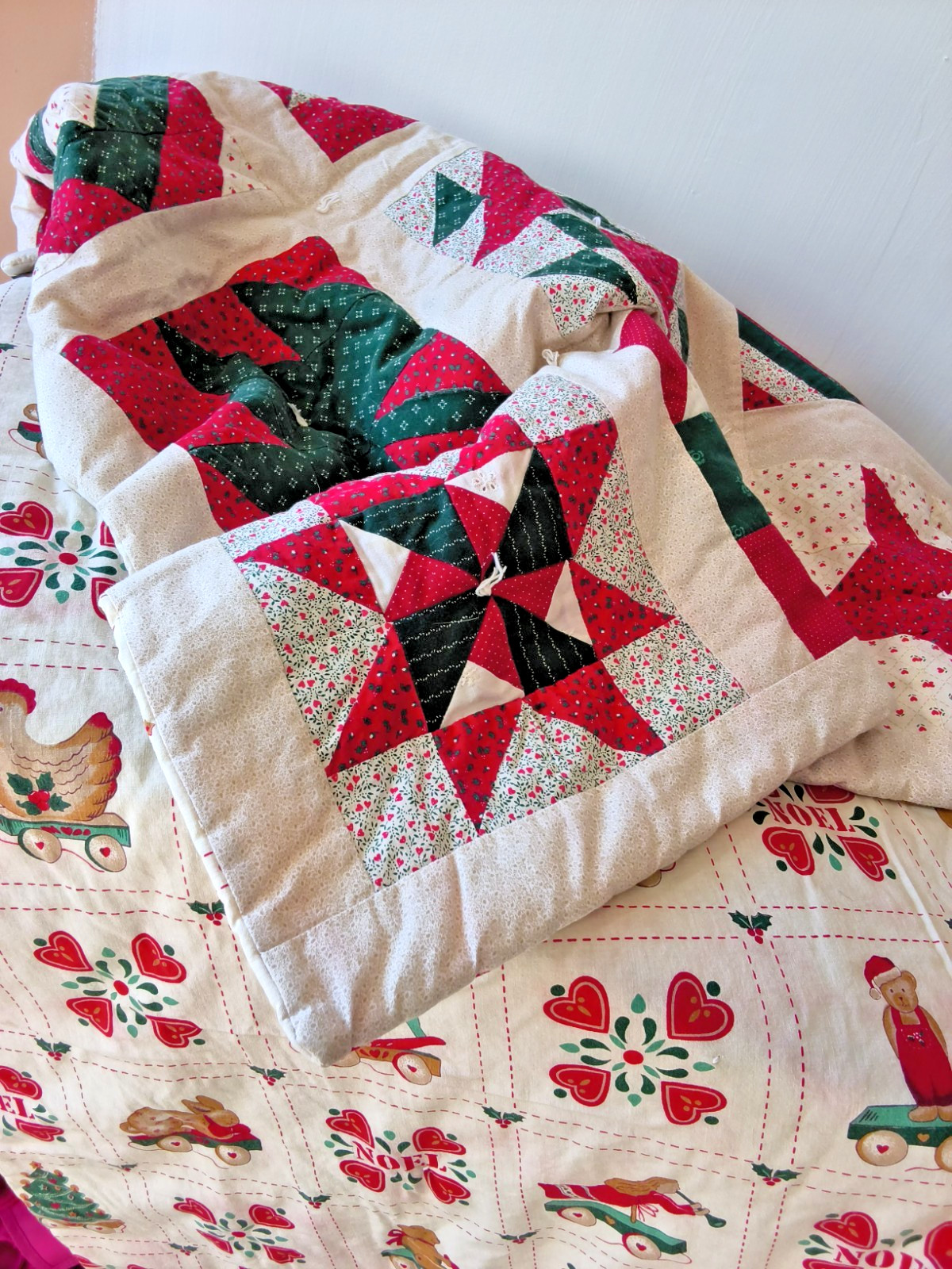 VTG Handmade Sampler Star Lap Crib Quilt Christmas Toys Bears Cotton Tied 58x42 VTG Handmade Sampler Star Lap Crib Quilt Christmas Toys Bears Cotton Tied 58x42