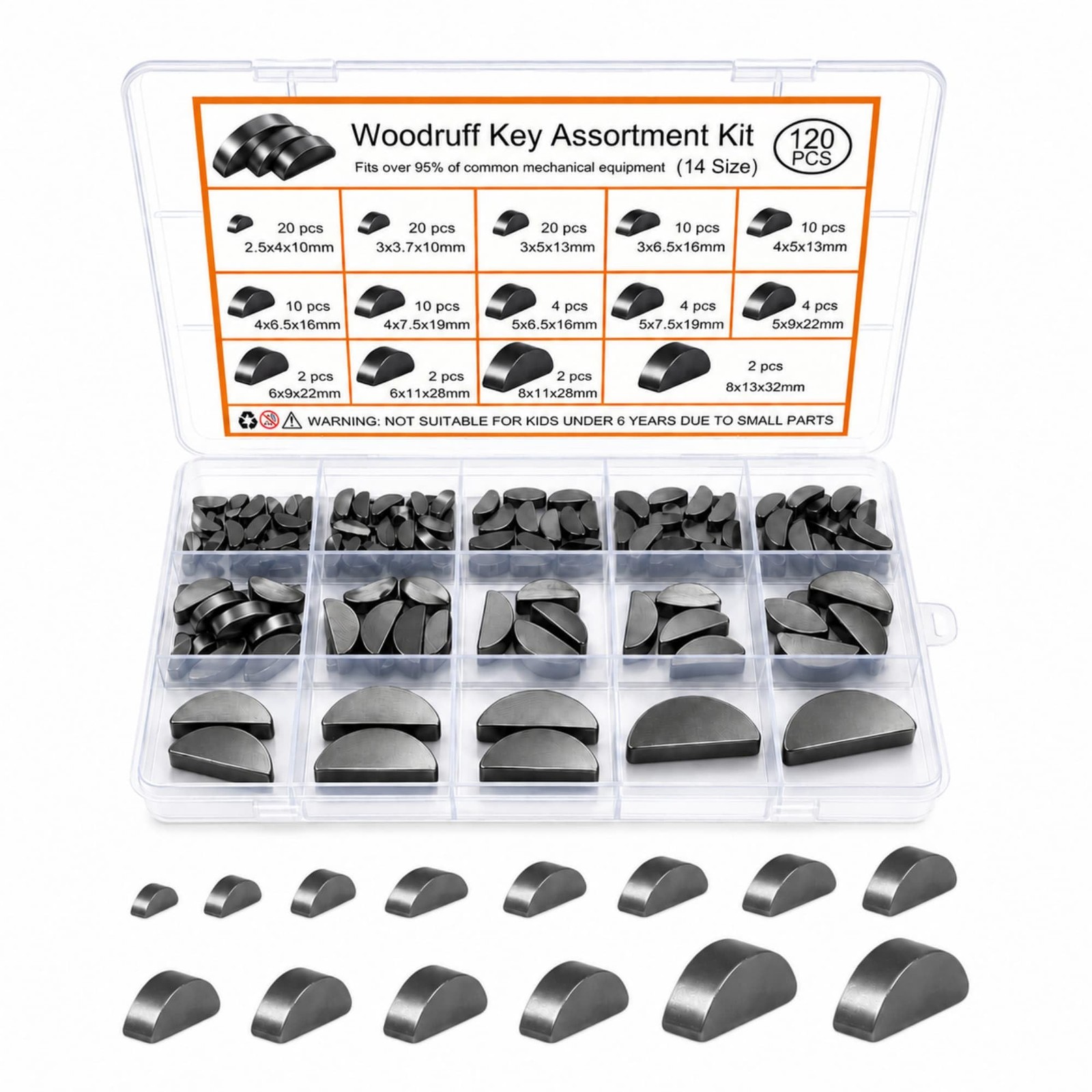 120 PCS Metric Woodruff Key Assortment Kit, 14 Sizes Carbon Steel 120 PCS Metric Woodruff Key Assortment Kit, 14 Sizes Carbon Steel