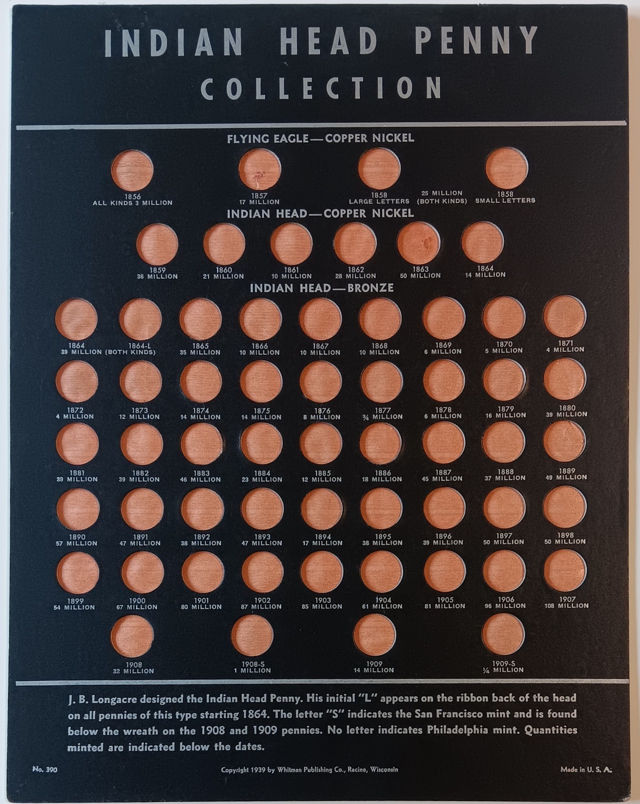 1939 Whitman 1856-1909 Flying Eagle Indian Head Penny Collection 390 Coin Board
