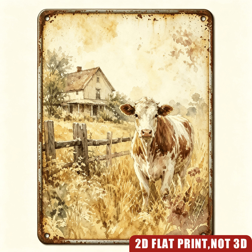 Rustic Farm Cow Old Farmhouse Fence Vintage Metal Sign Tin Wall Hanging Decor Rustic Farm Cow Old Farmhouse Fence Vintage Metal Sign Tin Wall Hanging Decor
