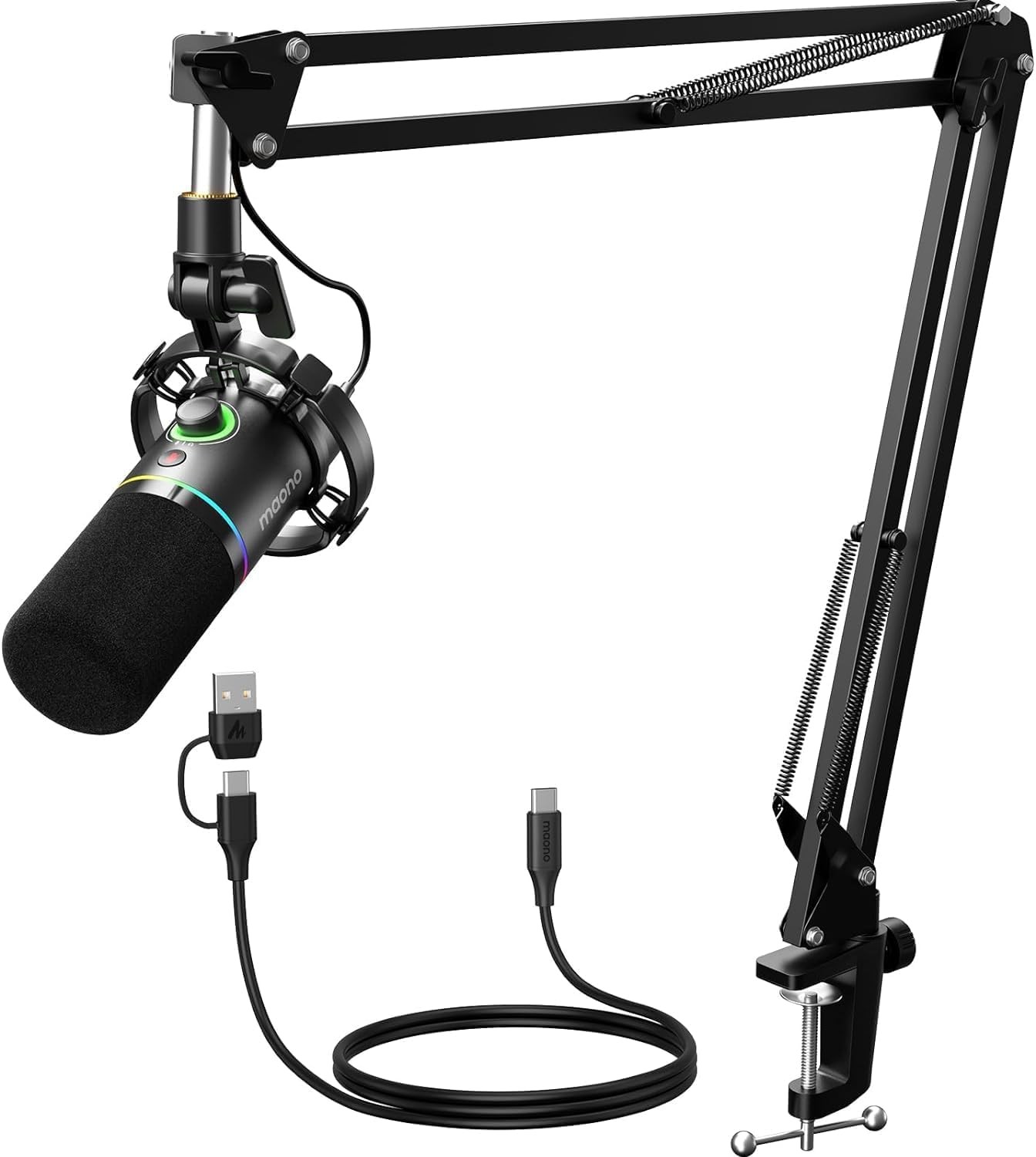 MAONO PD200XS XLR/USB Dynamic Microphone Kit, RGB PD200 mit Boom Arm, Black