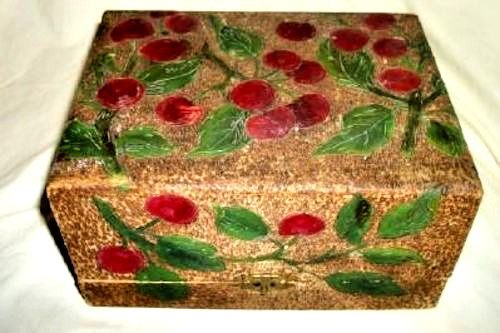 Antique Flemish Pyrography Desk Letter Box Wood HP Cherries Divided Victorian