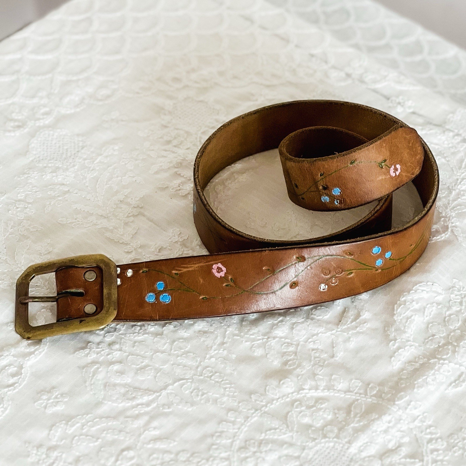 Vintage Tooled Belt With Pink And Blue Flowers Size Small Y2K Does 1970s