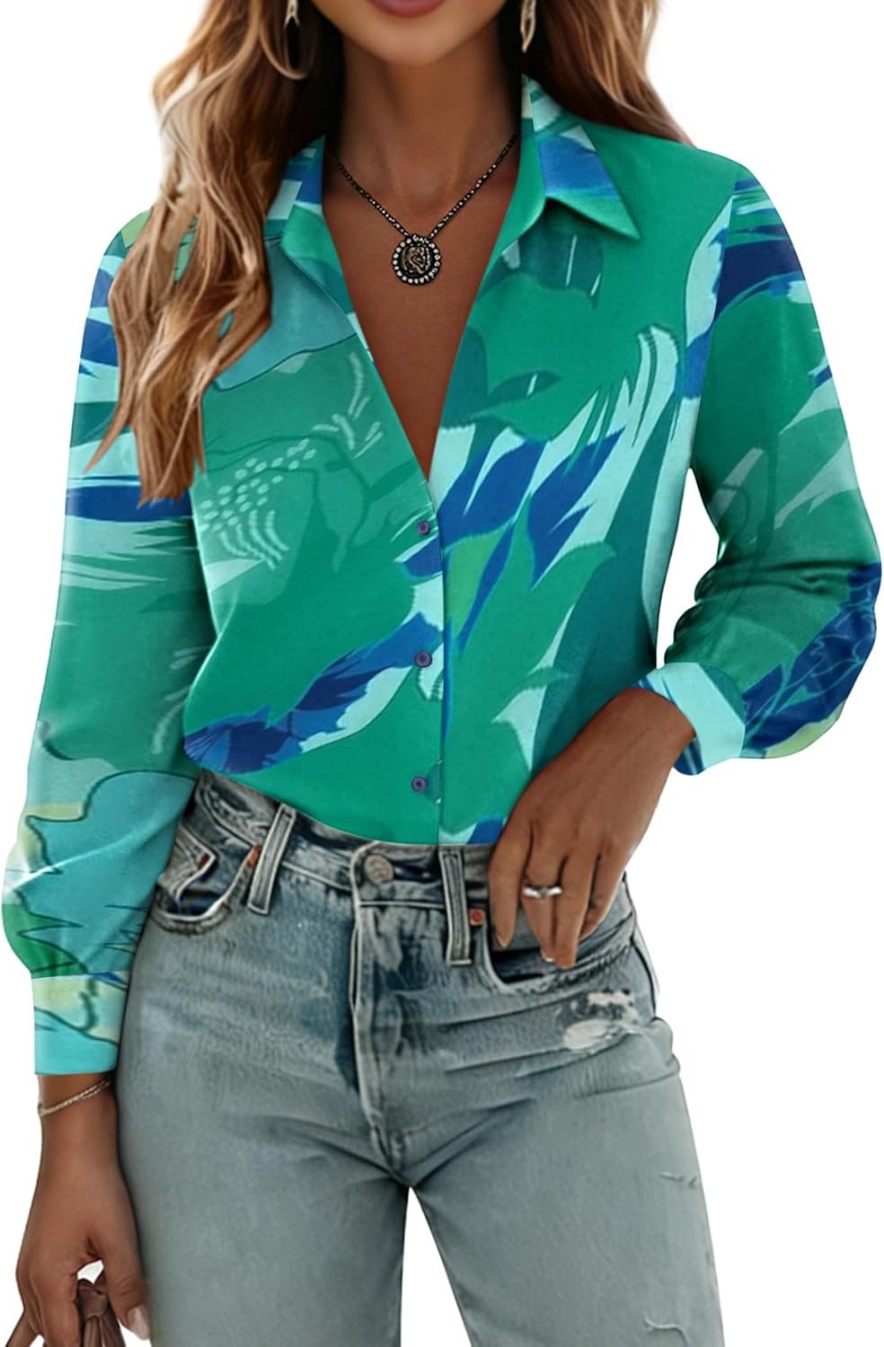Womens Puff Sleeve Floral Print V Neck Button Down Shirt Business Casual Blouse