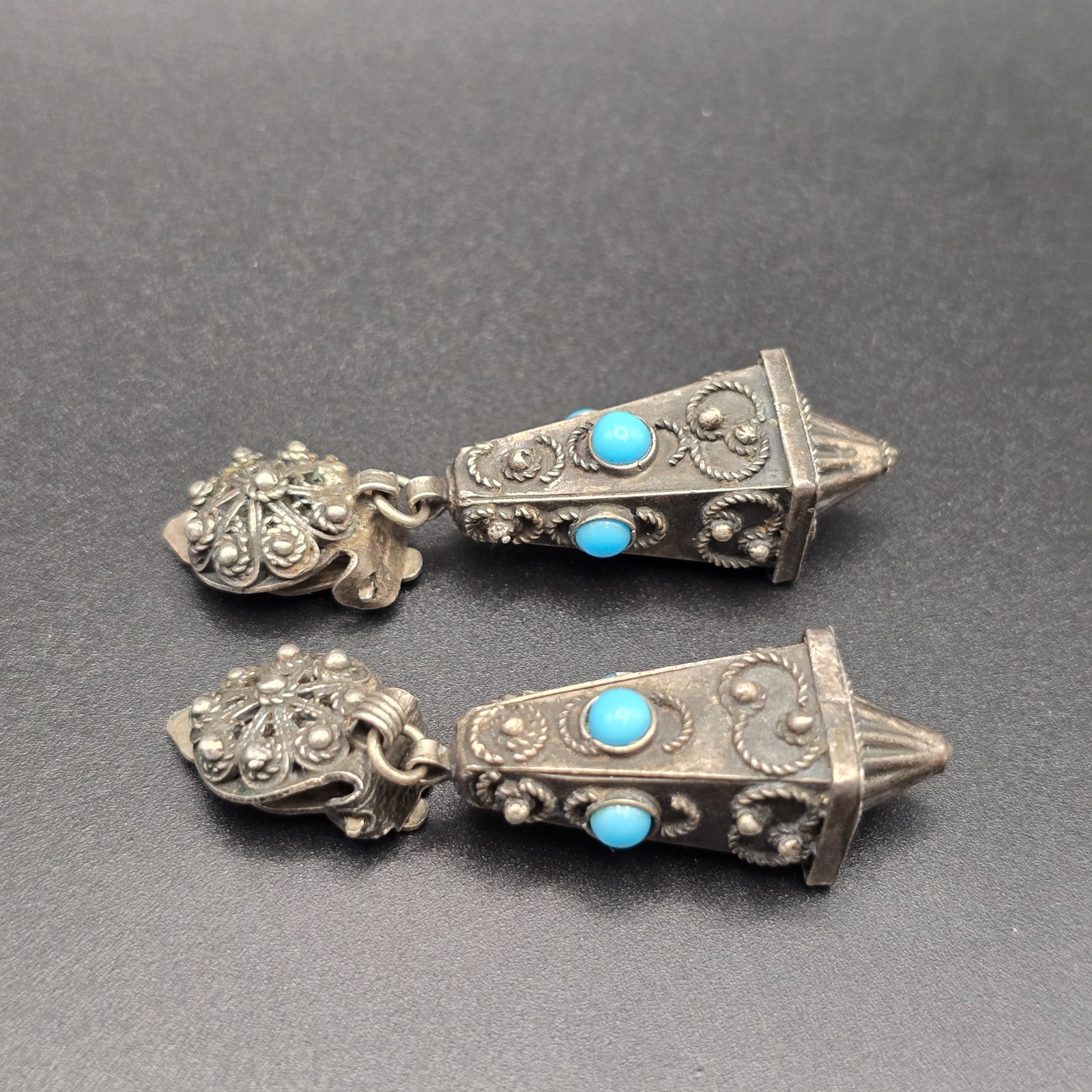 Vintage Etruscan High Grade Continental Silver Filigree 4-Side Pyramid Earrings