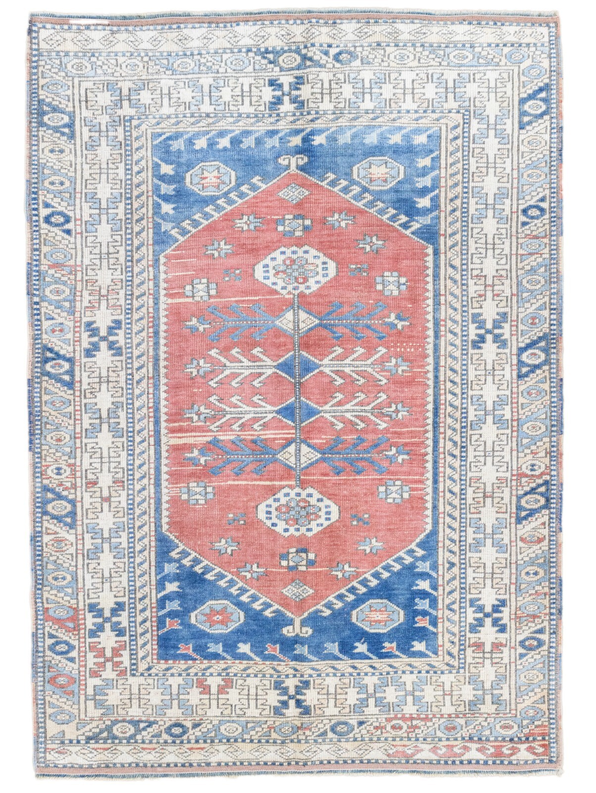 Entryway Rug 4.1x5.5 ft – Vintage Turkish Oushak Rose Blue Hand-Knotted Wool