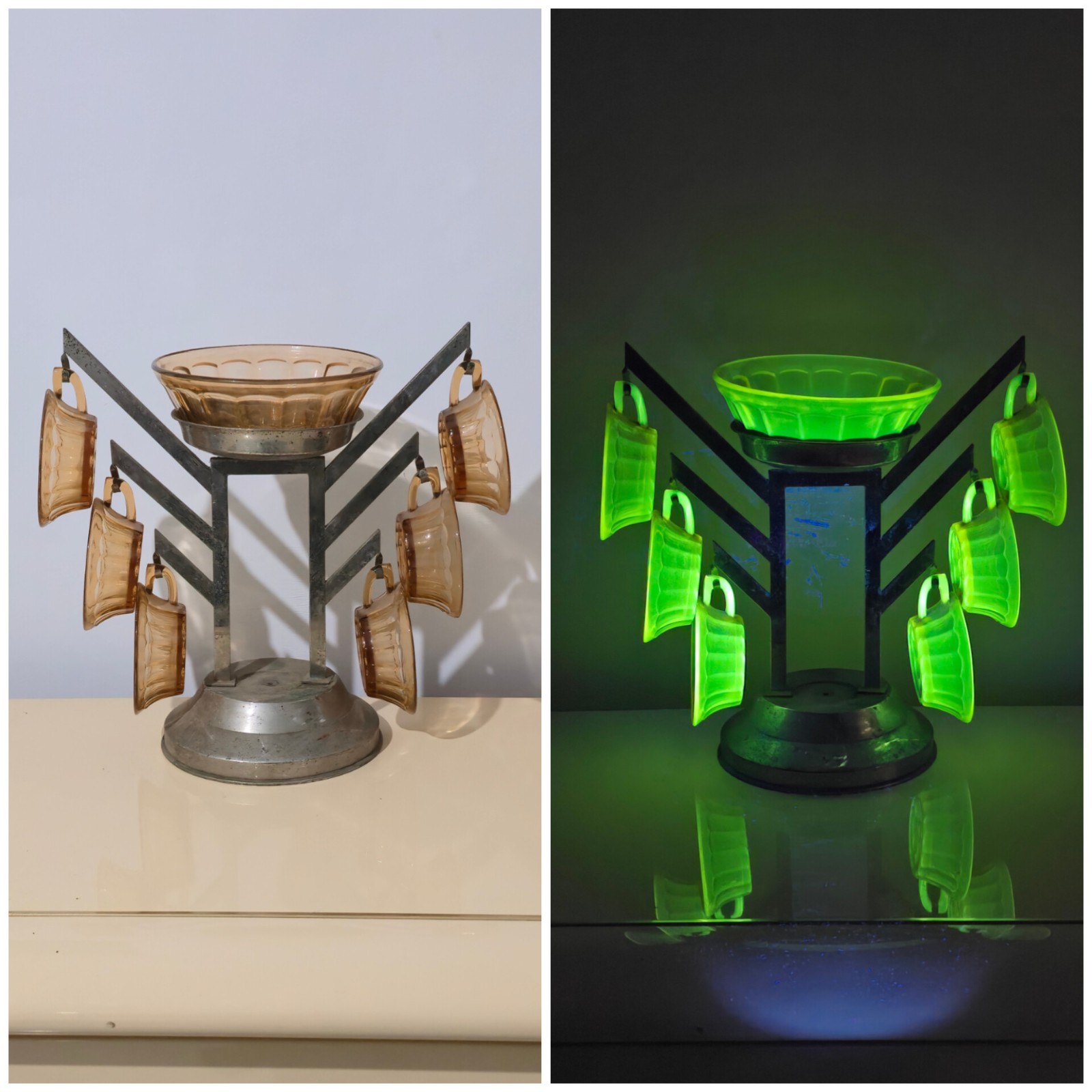 SUPER RARE 1910\'S ITALIAN URANIUM URANIUM GLASS BOWL +6 CUPS SET VINTAGE ART DECO SUPER RARE 1910\'S ITALIAN URANIUM URANIUM GLASS BOWL +6 CUPS SET VINTAGE ART DECO