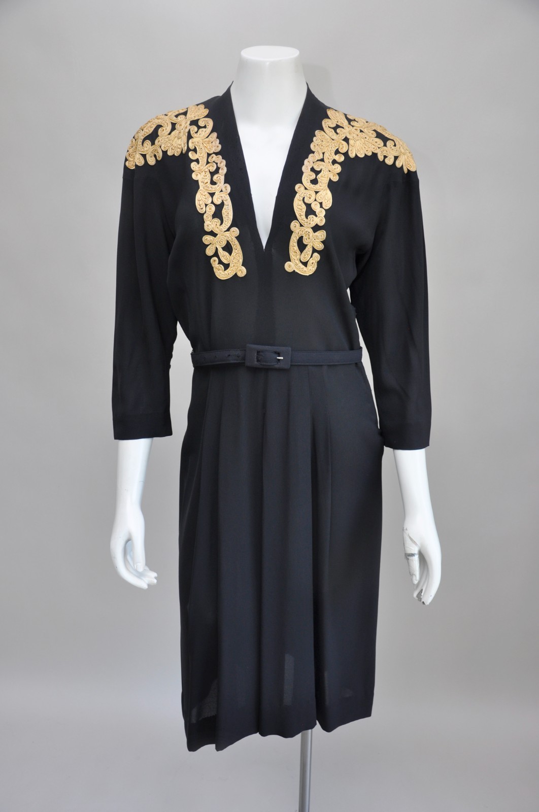 Vintage 1940s Black Rayon Dress w/ Ivory Soutache Trim Belted Deep V Party M