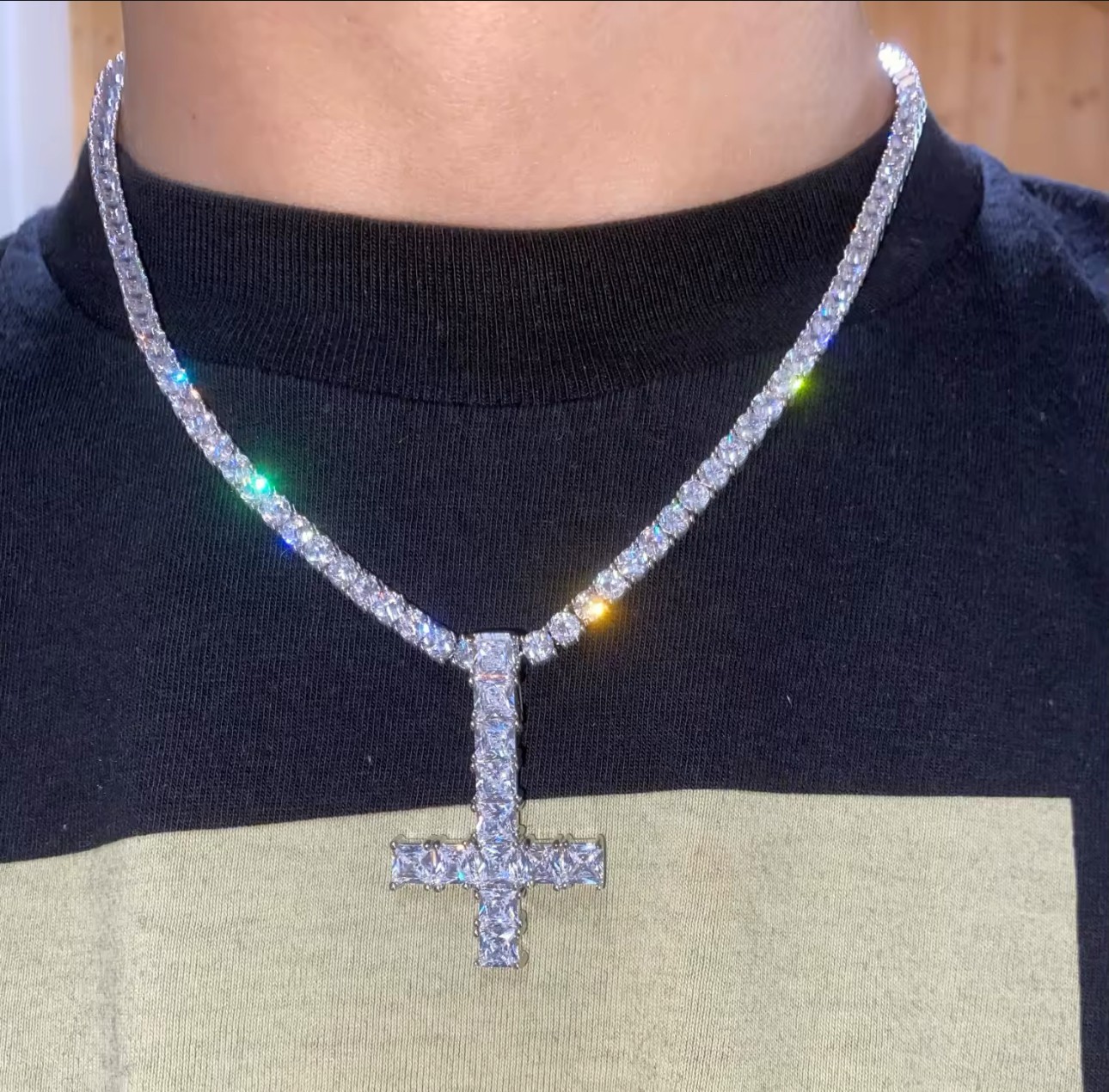 Upside Down Cross Pendant Necklace Iced Out Tennis Chain