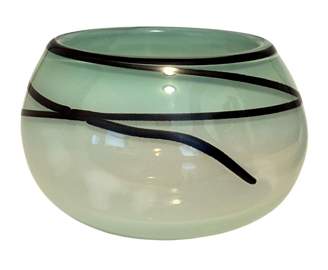 Blown Art Glass Bowl Pale Green with Black Stripes Artist Signed Opaque
