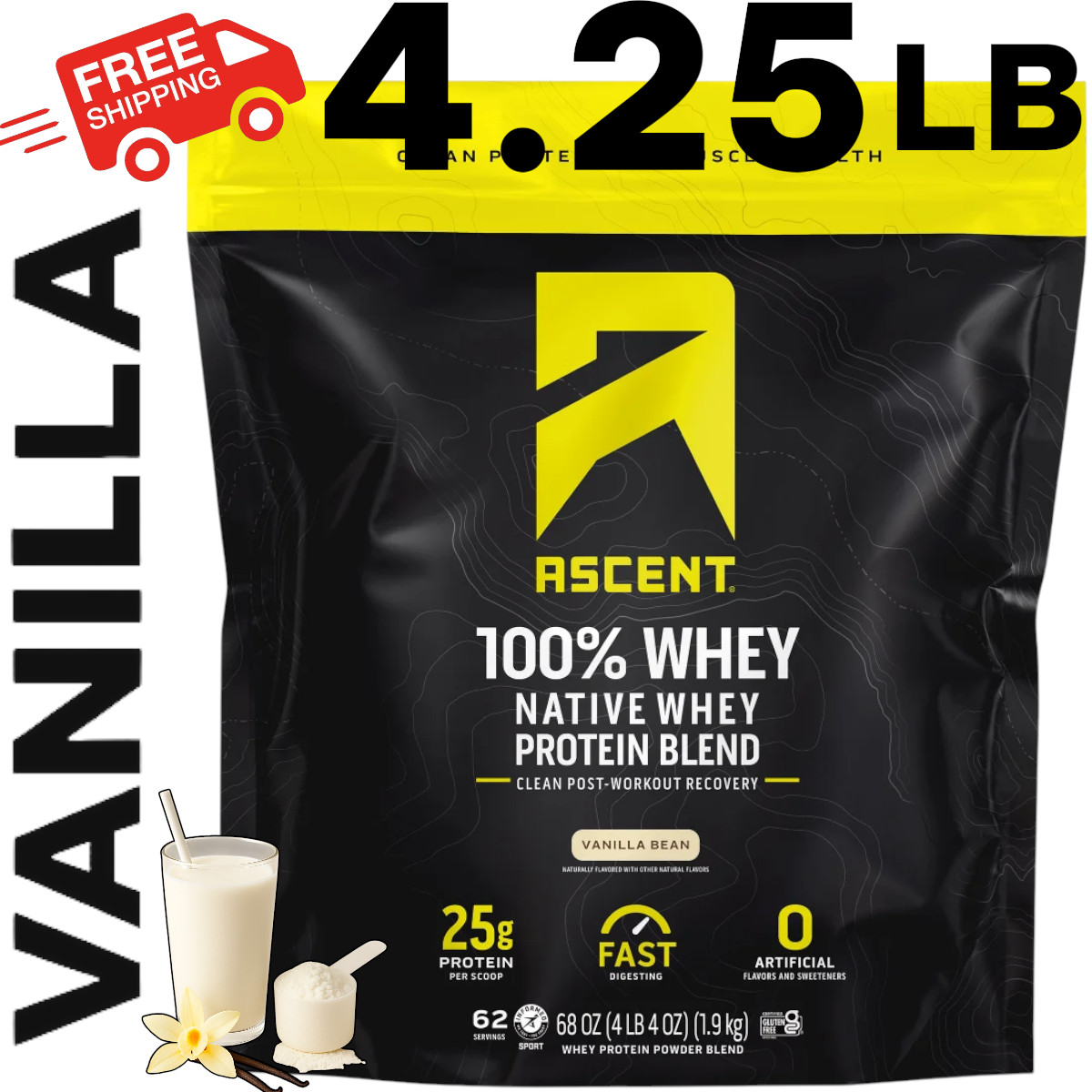 Ascent 100% Whey Protein Blend    Vanilla Bean   Native   4.25 LBS   62 Servings