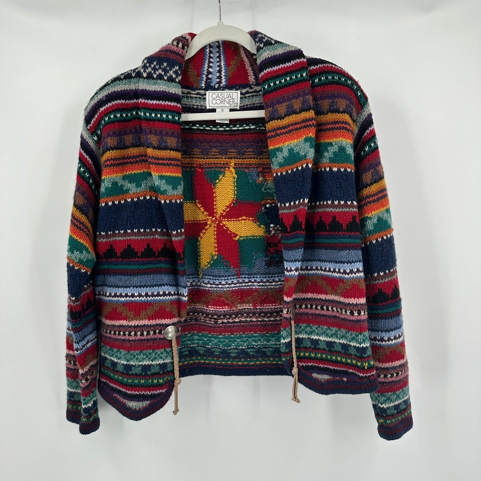 Womens Vintage Boho Southwestern Shetland Wool Jacket Size M Intarsia Folk Artsy