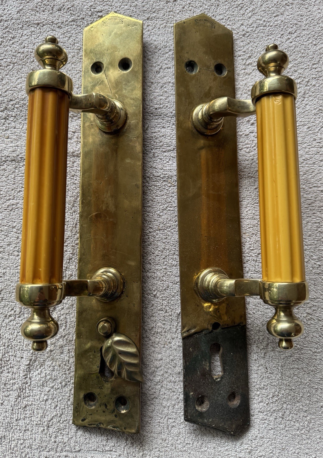 Antique Russian Imperial Door Handles Tula Brass Yellow Bakelite Inserts Pair