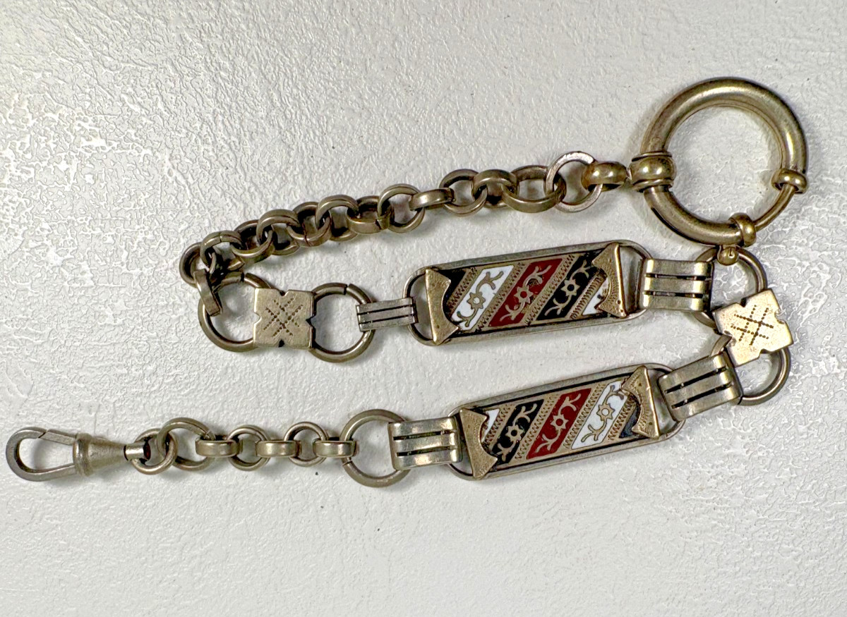 Antique 19th Century Jakob Bengel Nickel Silver Enamel Pocket Watch Chain 10.6\