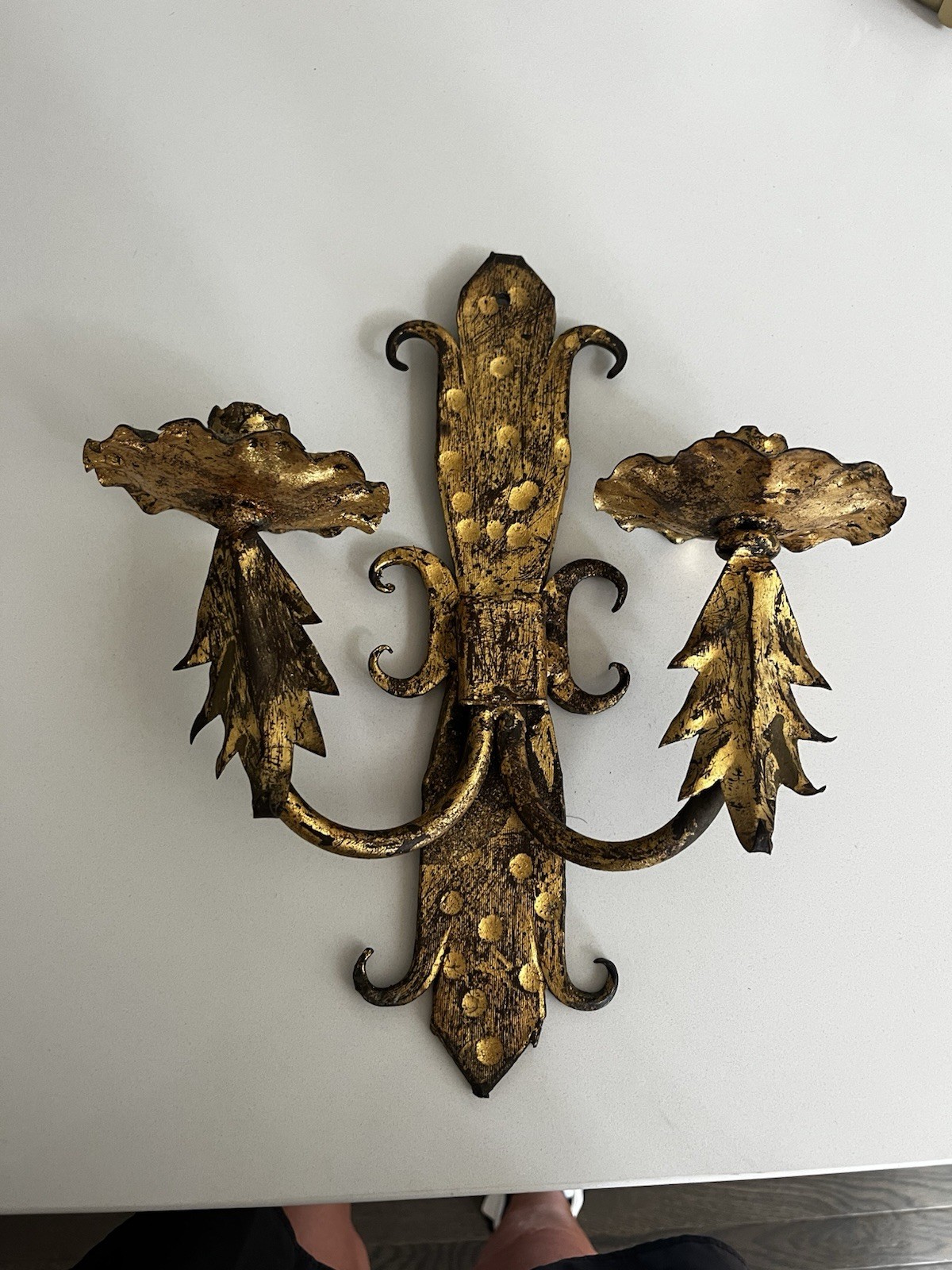 vintage Mid-Century Modern hand-wrought iron 2-arm candle wall sconce vintage Mid-Century Modern hand-wrought iron 2-arm candle wall sconce