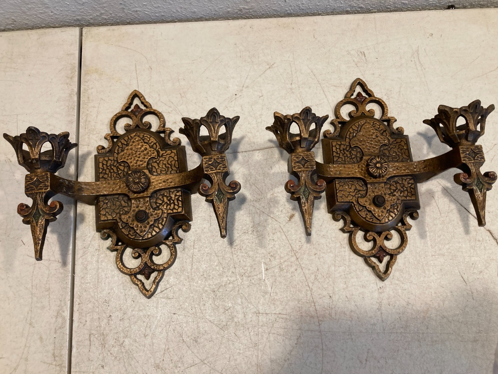 Antique 1930s J.C. Virden. Gothic Revival Wall Sconces Pair  Cast Metal