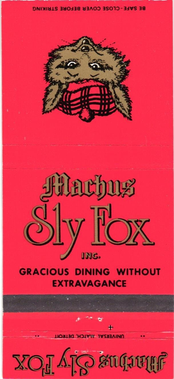 Machus Sly Fox Inc. Birmingham MI Vintage Matchbook Cover 1970s Restaurant