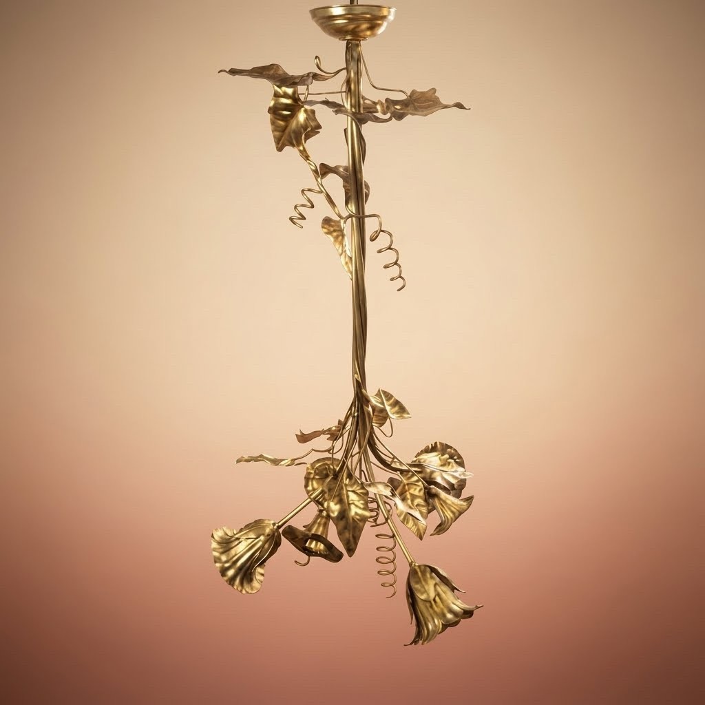 Rare Antique Art Nouveau Gilt Bronze Floral Chandelier Leaf Pendant Hanging Lamp