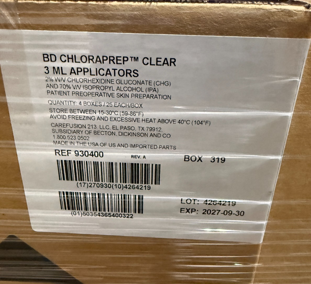 4x Box of 25 BD 930400 Chloraprep Clear 3ml Applicators, EXP 2027