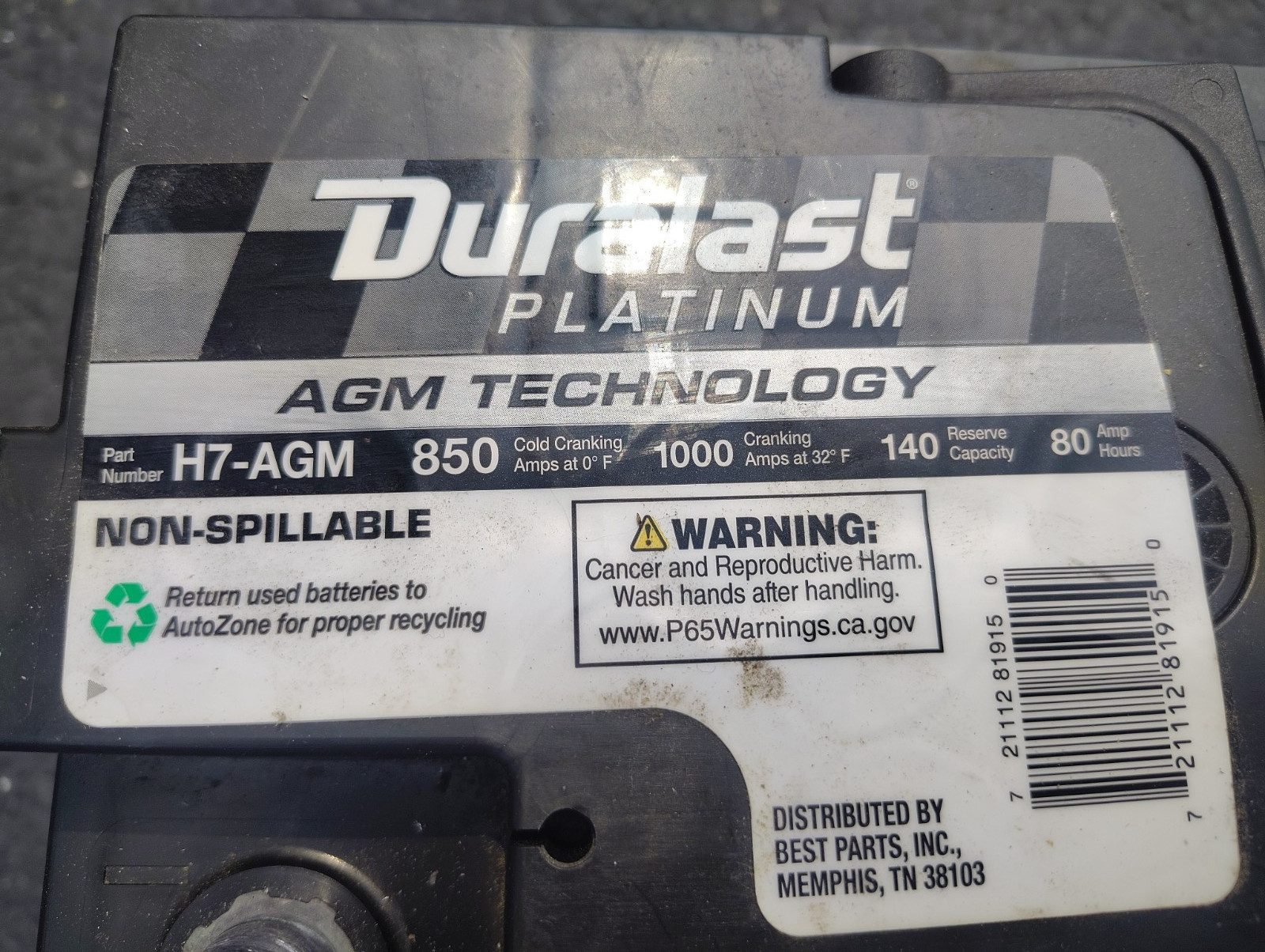 Duralast Platinum H7-AGM Battery 850 COLD CRANKING AMPS 1000 CRANKING AMPS 1YR