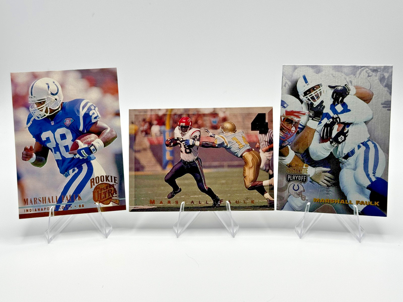 Marshall Faulk 3 Card Lot 1994 Classic Games /1994 Fleer Ultra/1995 Playoff Abs Marshall Faulk 3 Card Lot 1994 Classic Games /1994 Fleer Ultra/1995 Playoff Abs