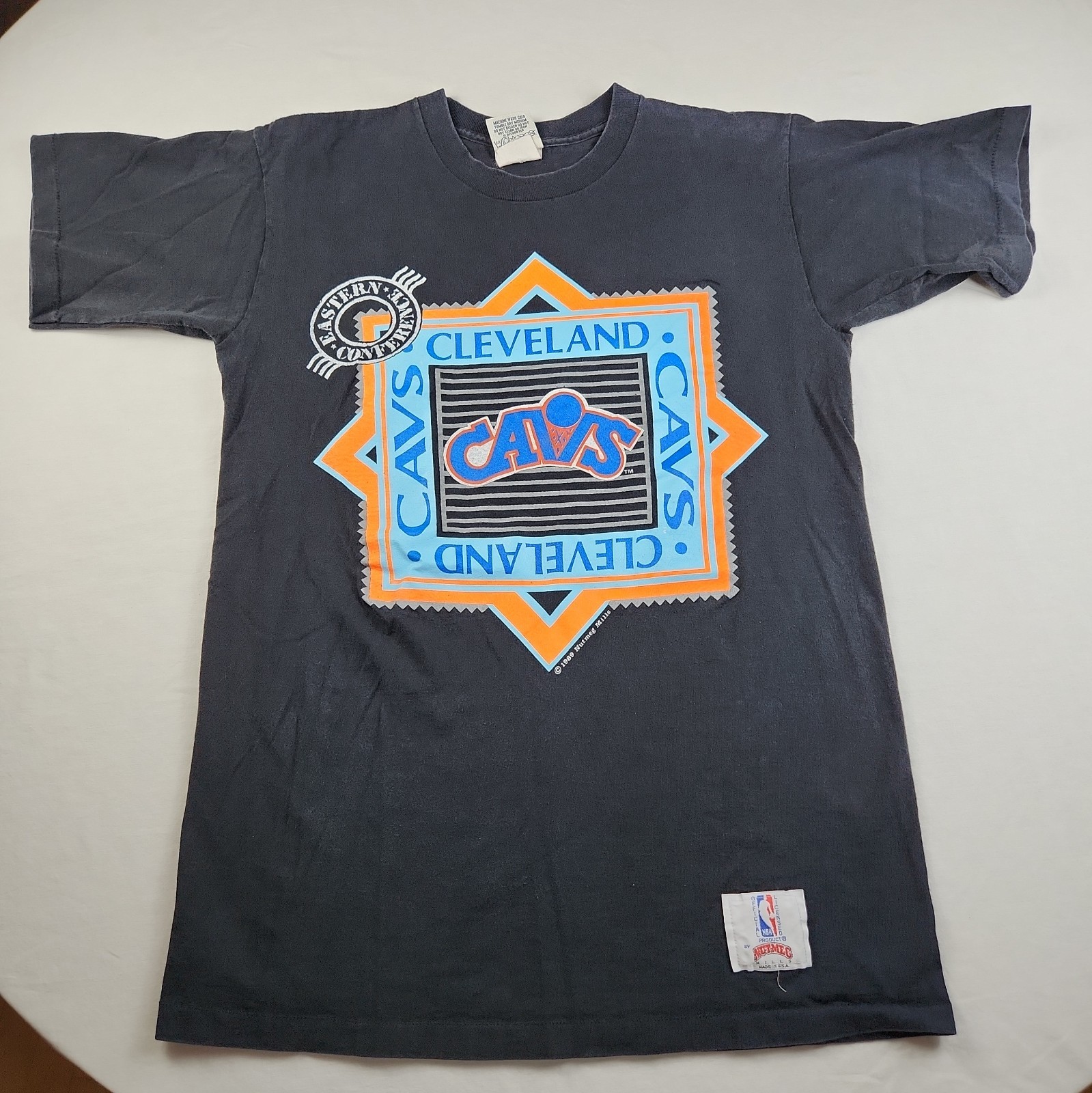 VTG Nutmeg Cleveland Cavaliers Black T-Shirt Size L Stamp Design Single Stitch