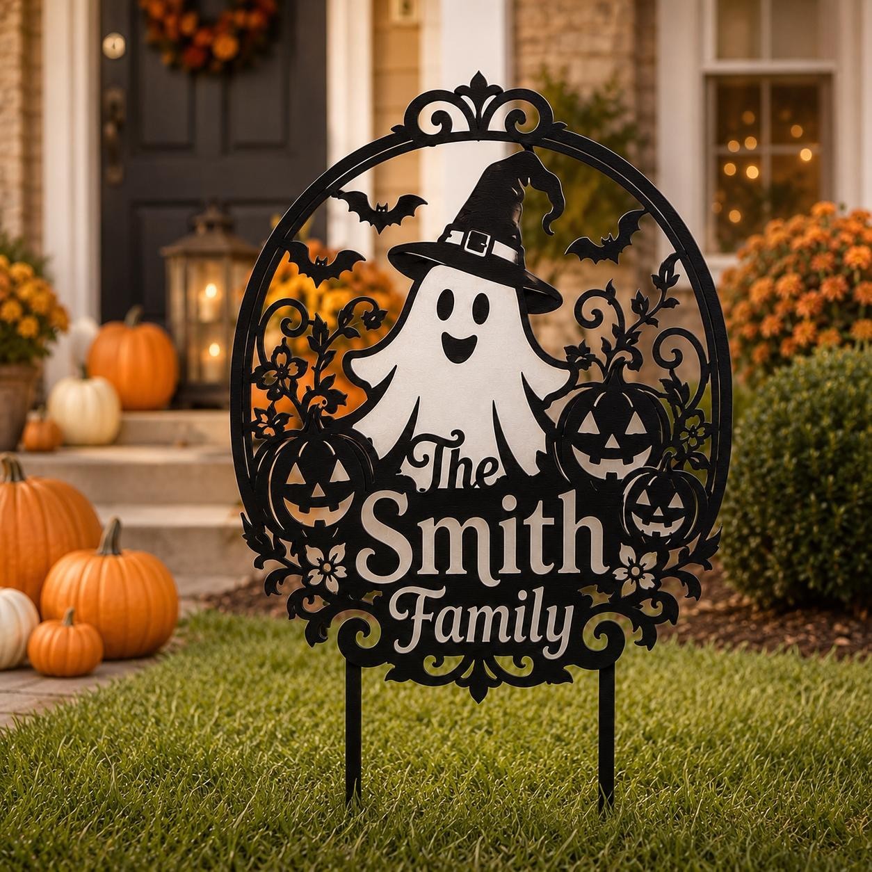 Personalized Halloween Metal Yard Sign, Custom Family Name Garden Stake