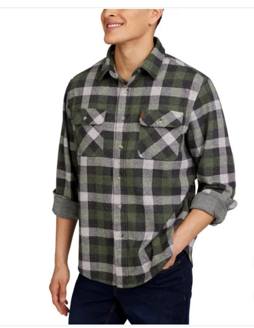 Chaps Men\'s Long Sleeve The Lakeland Flannel Knit Shirt, Green Size XL
