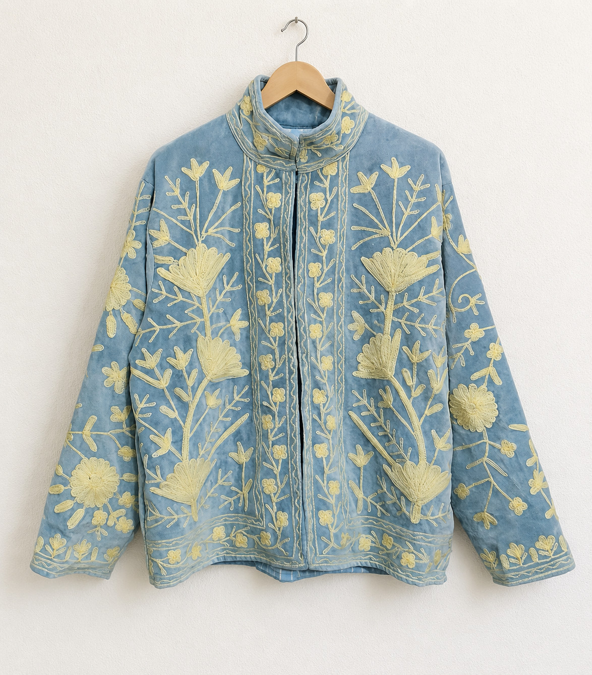 Handmade Velvet Suzani Jacket | Blue Floral Embroidered Boho Coat 